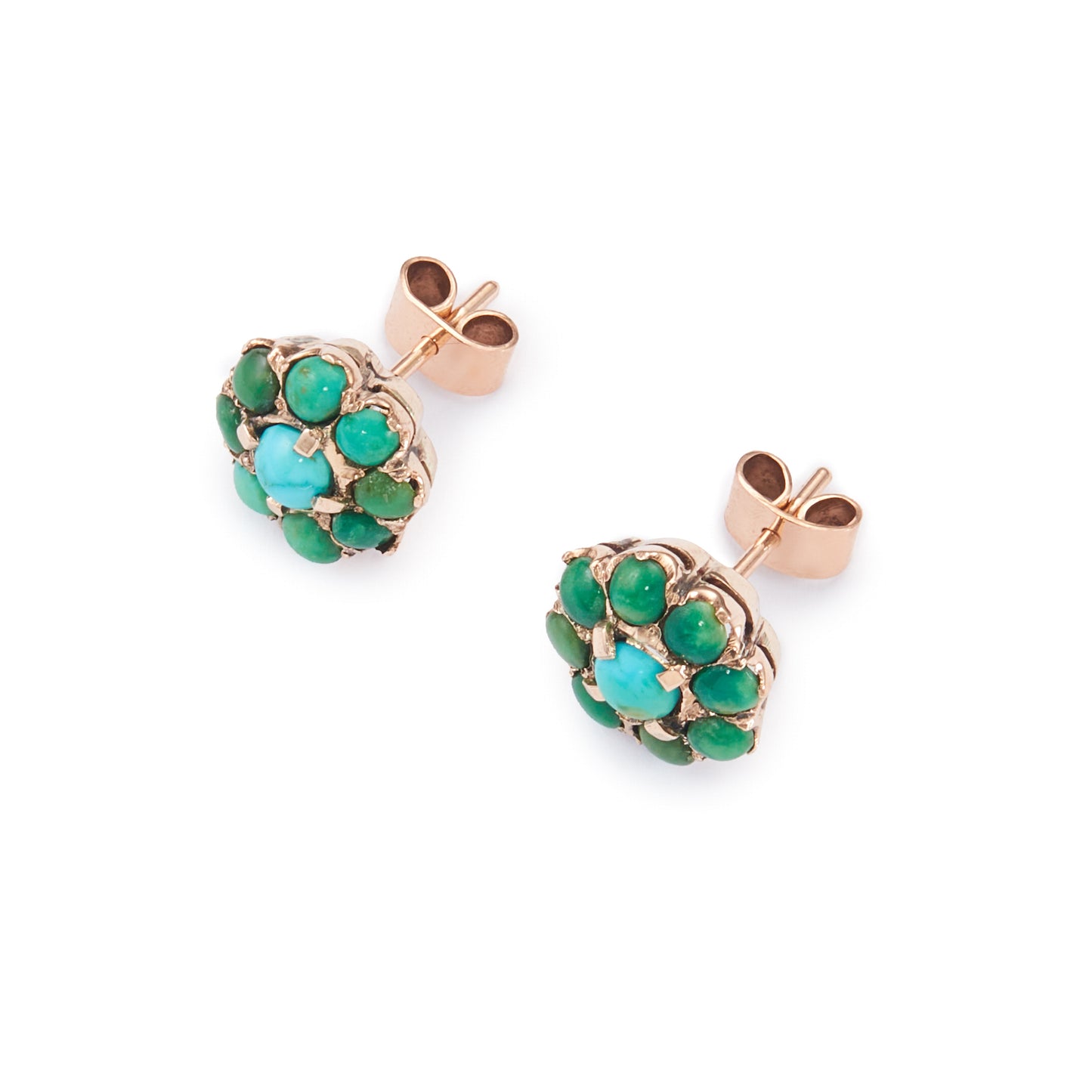 Lovely Edwardian 9ct rose gold stud earrings, each set with nine turquoise stones, varying in colour.