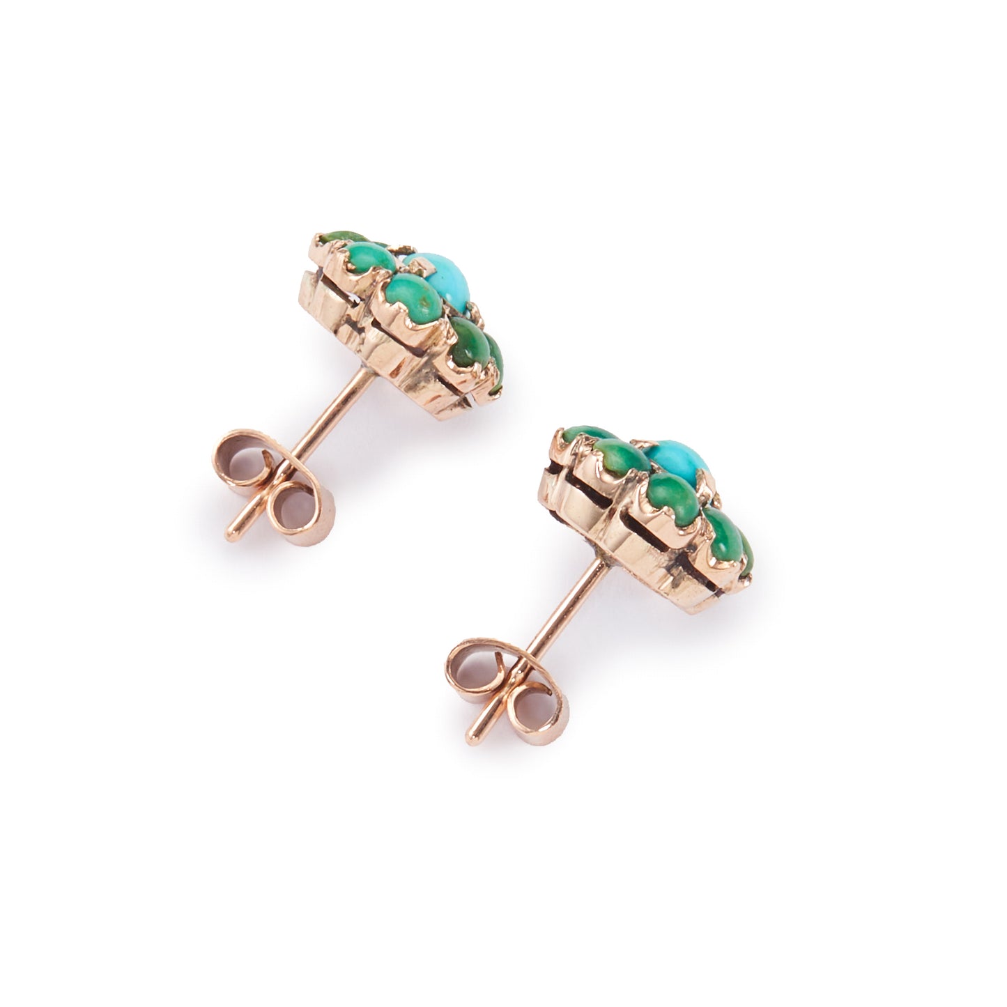 Lovely Edwardian 9ct rose gold stud earrings, each set with nine turquoise stones, varying in colour.