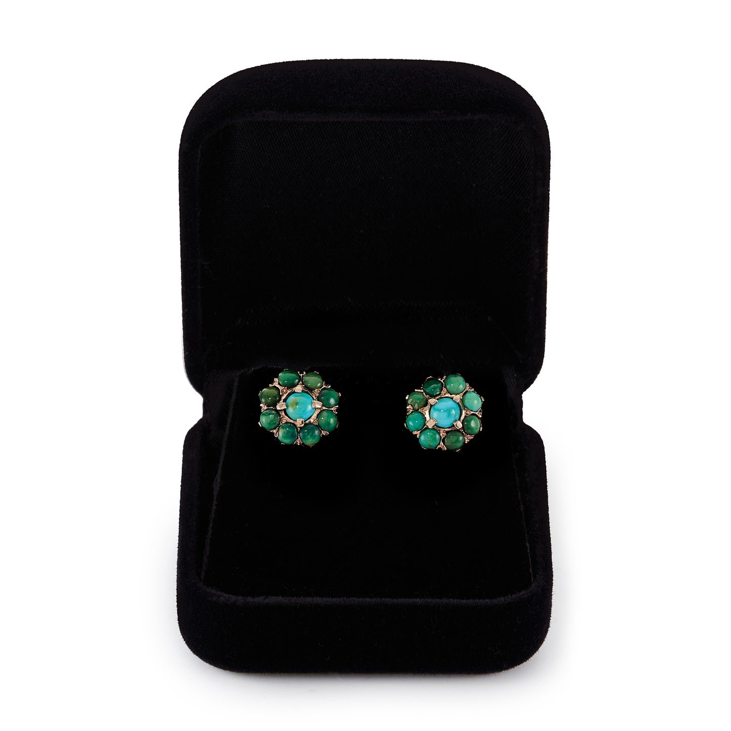 Lovely Edwardian 9ct rose gold stud earrings, each set with nine turquoise stones, varying in colour.