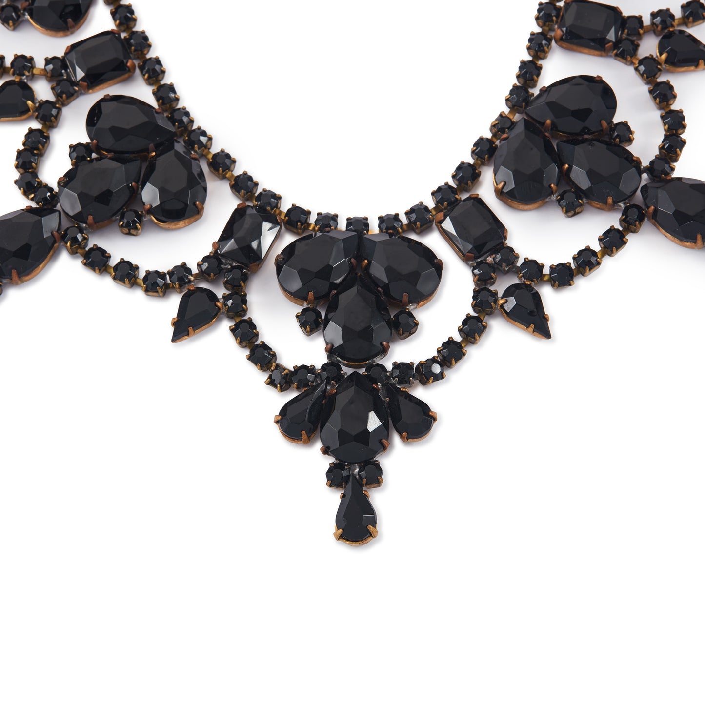 Glamorous Edwardian Czechoslovakian black faceted glass festoon necklace on a base metal backing. Adjustable length. A real statement piece for a special occasion!