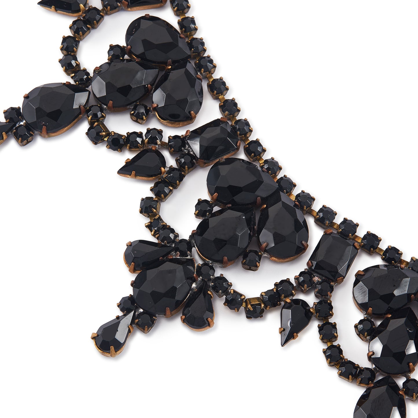 Glamorous Edwardian Czechoslovakian black faceted glass festoon necklace on a base metal backing. Adjustable length. A real statement piece for a special occasion!
