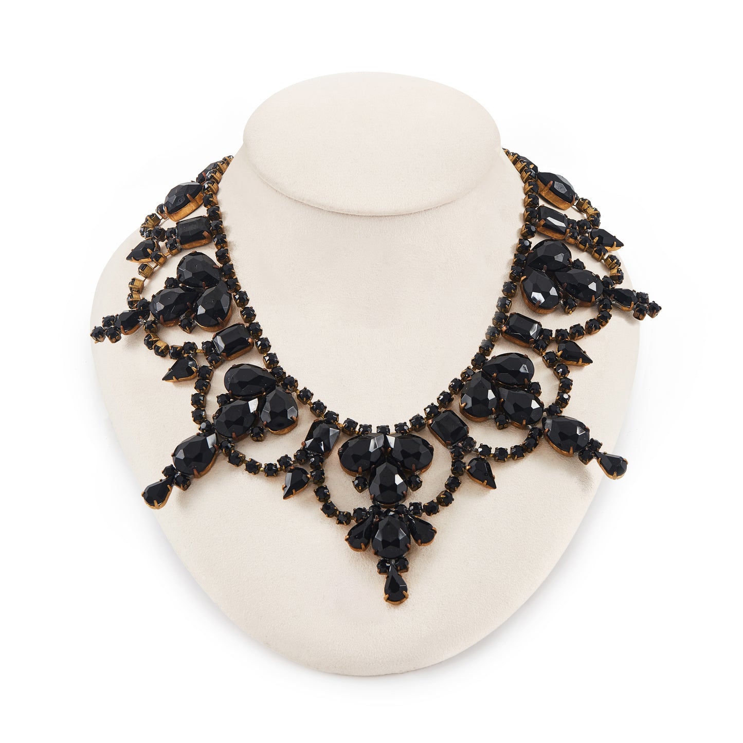 Glamorous Edwardian Czechoslovakian black faceted glass festoon necklace on a base metal backing. Adjustable length. A real statement piece for a special occasion!