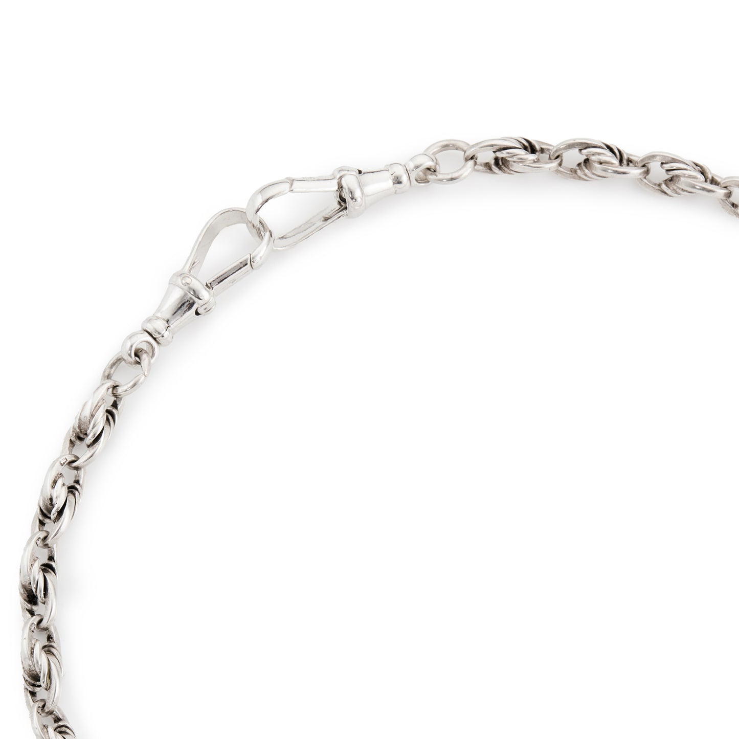 Stunning Edwardian Sterling silver ornate link fob chain with two later dog clips and a fully marked t-bar, as well as a silver medallion embellished with a rose gold shield (Birmingham 1906).