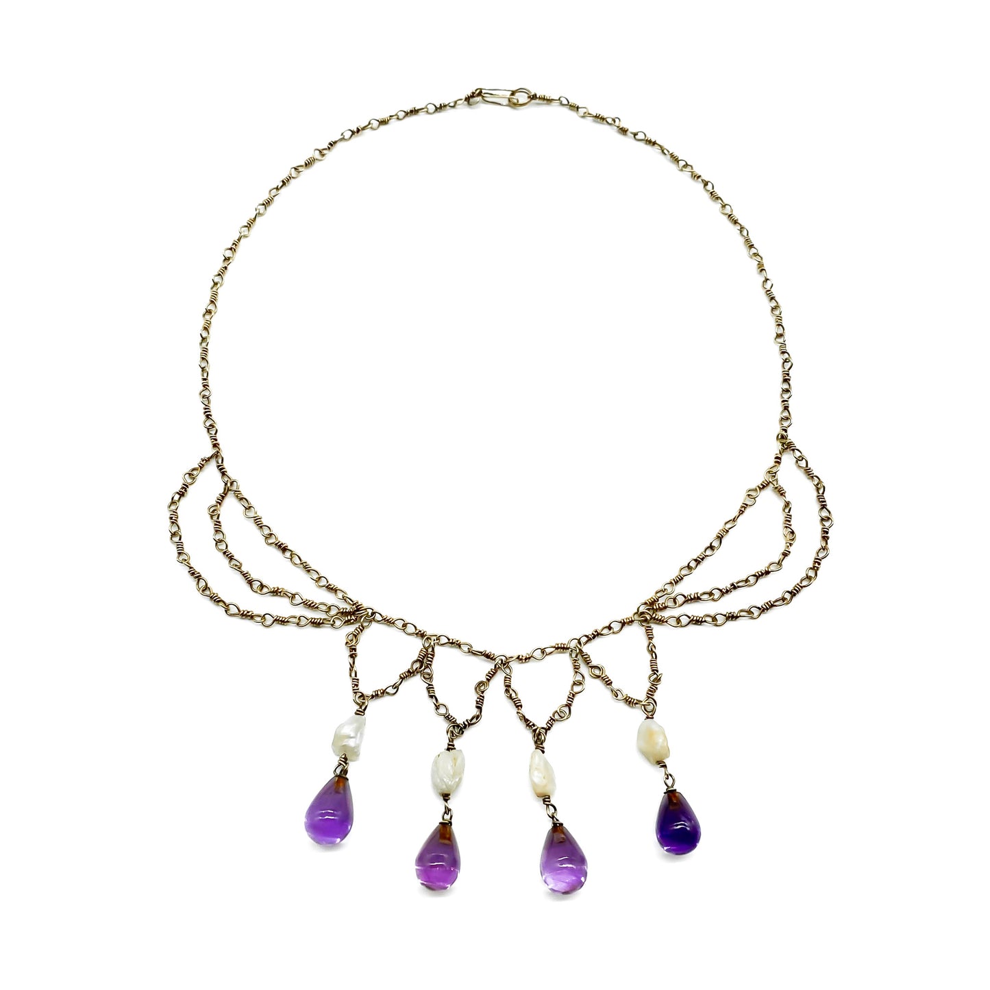 Lovely Edwardian silver gilt filigree festoon necklace with four pearl and amethyst drops.