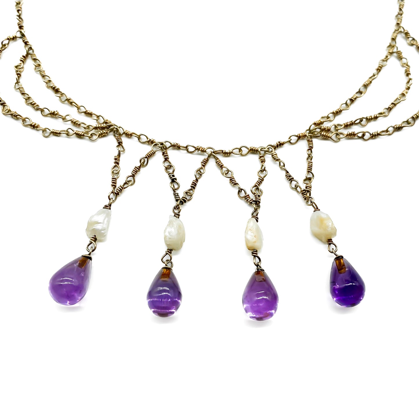 Lovely Edwardian silver gilt filigree festoon necklace with four pearl and amethyst drops.