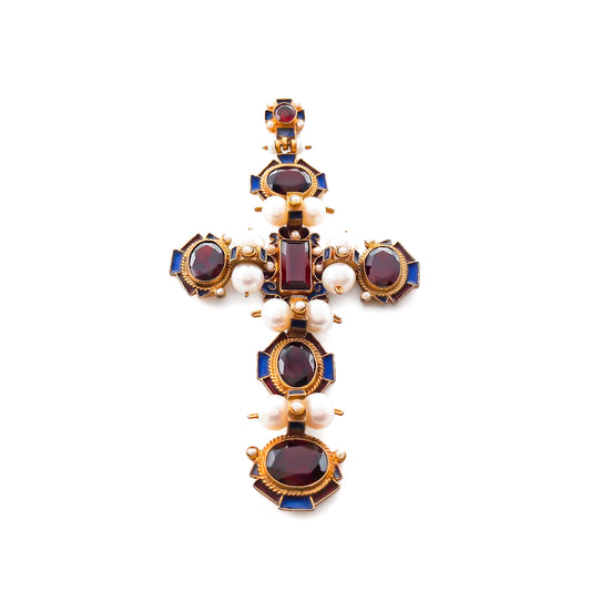 Stunning vintage Italian gilt garnet and pearl enamelled cross pendant.