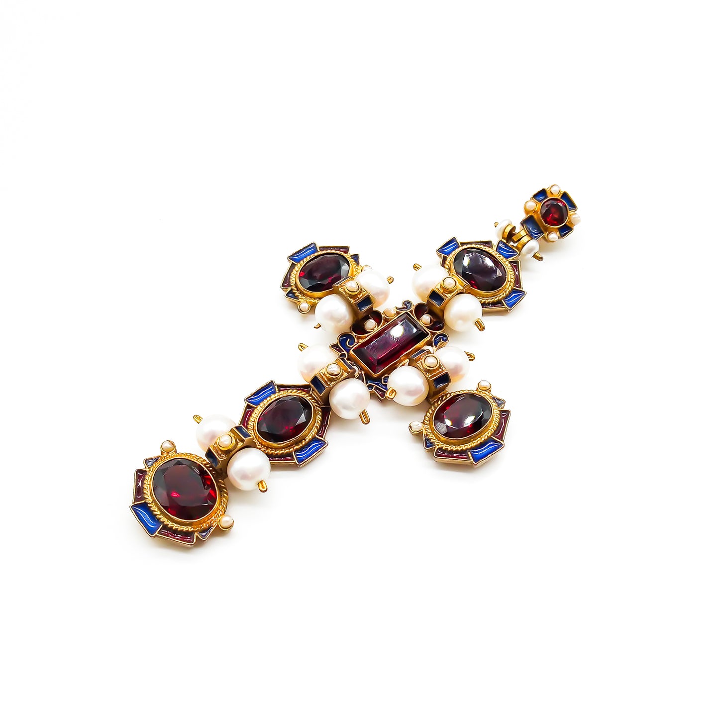 Stunning vintage Italian gilt garnet and pearl enamelled cross pendant.