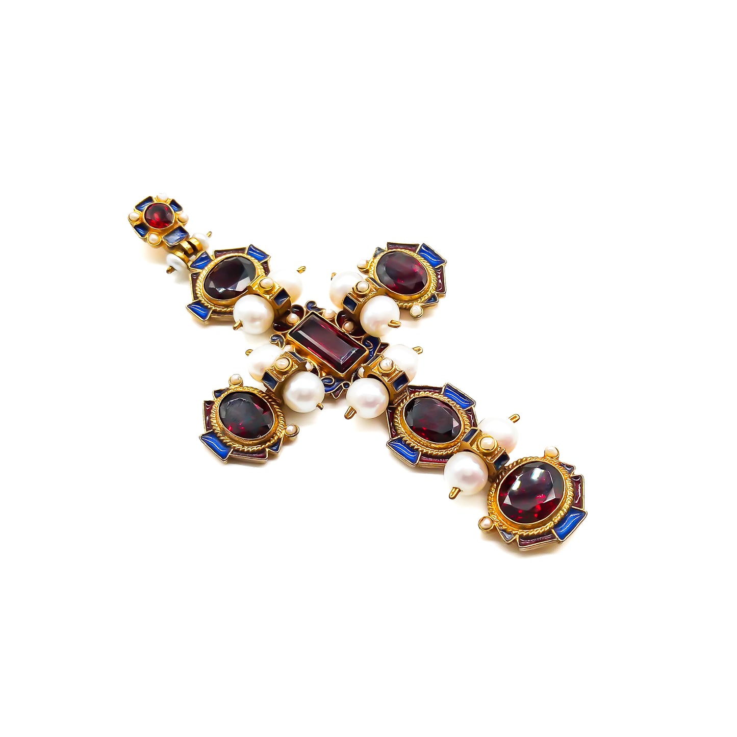 Stunning vintage Italian gilt garnet and pearl enamelled cross pendant.