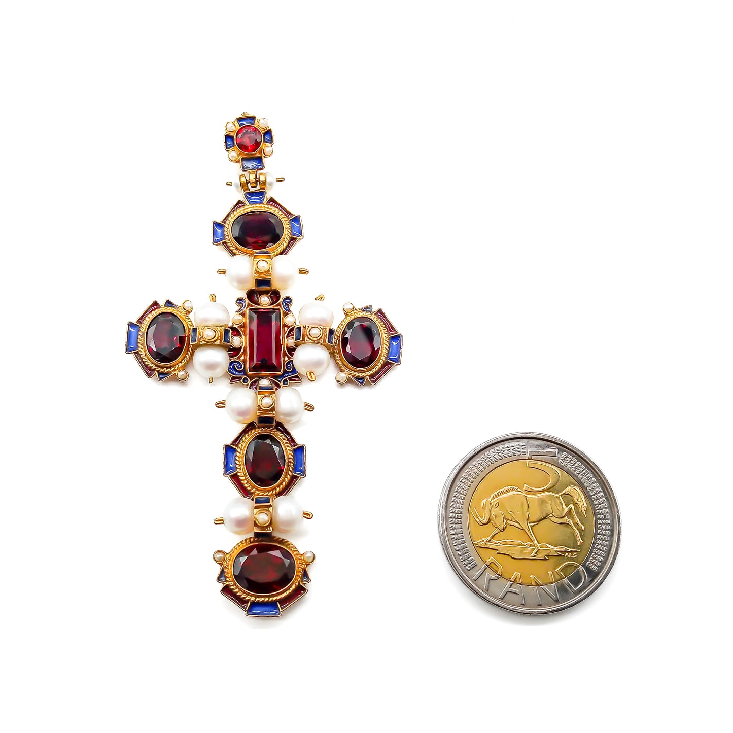 Stunning vintage Italian gilt garnet and pearl enamelled cross pendant.