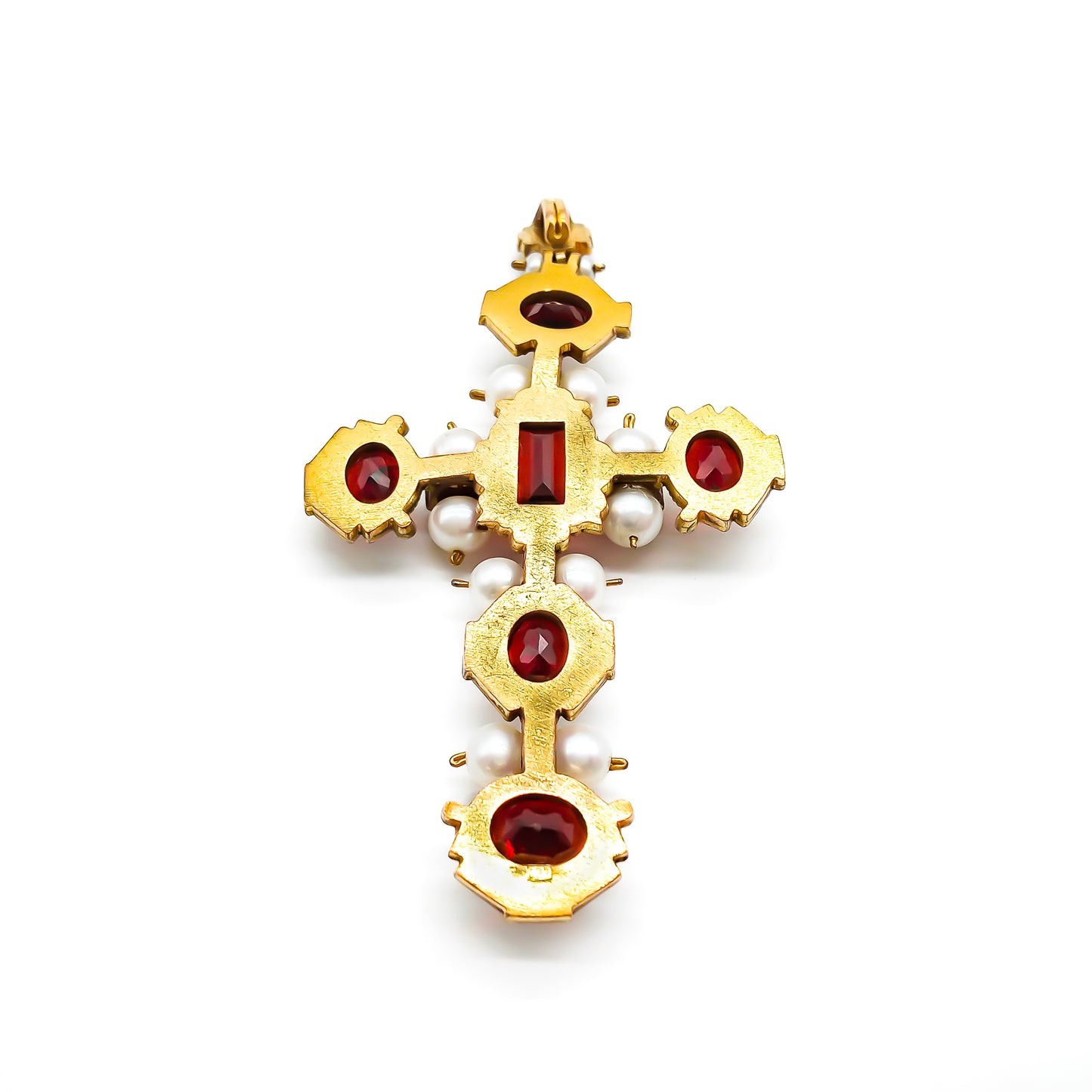 Stunning vintage Italian gilt garnet and pearl enamelled cross pendant.