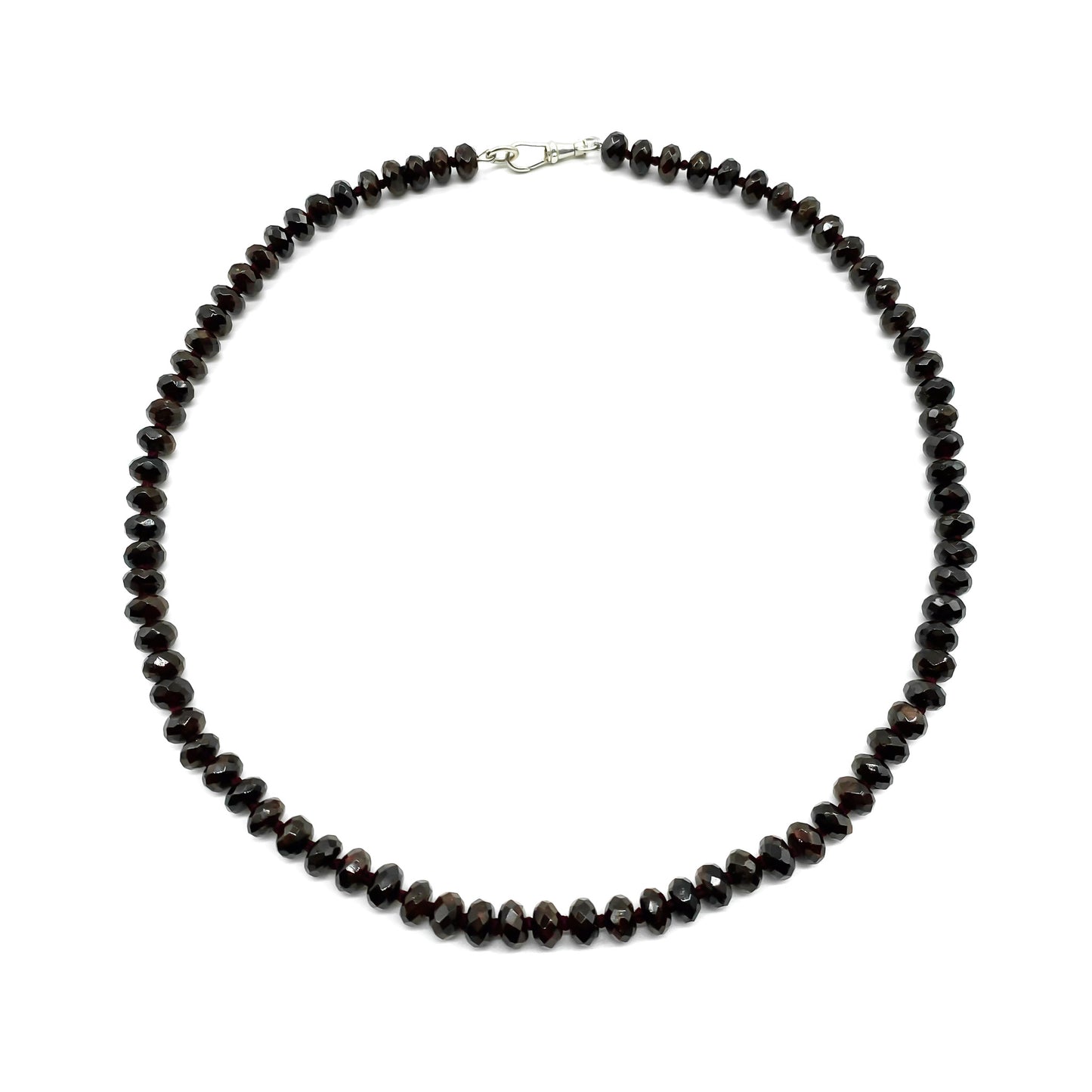 Beautifully hand faceted deep red garnet necklace with a silver dog clip.