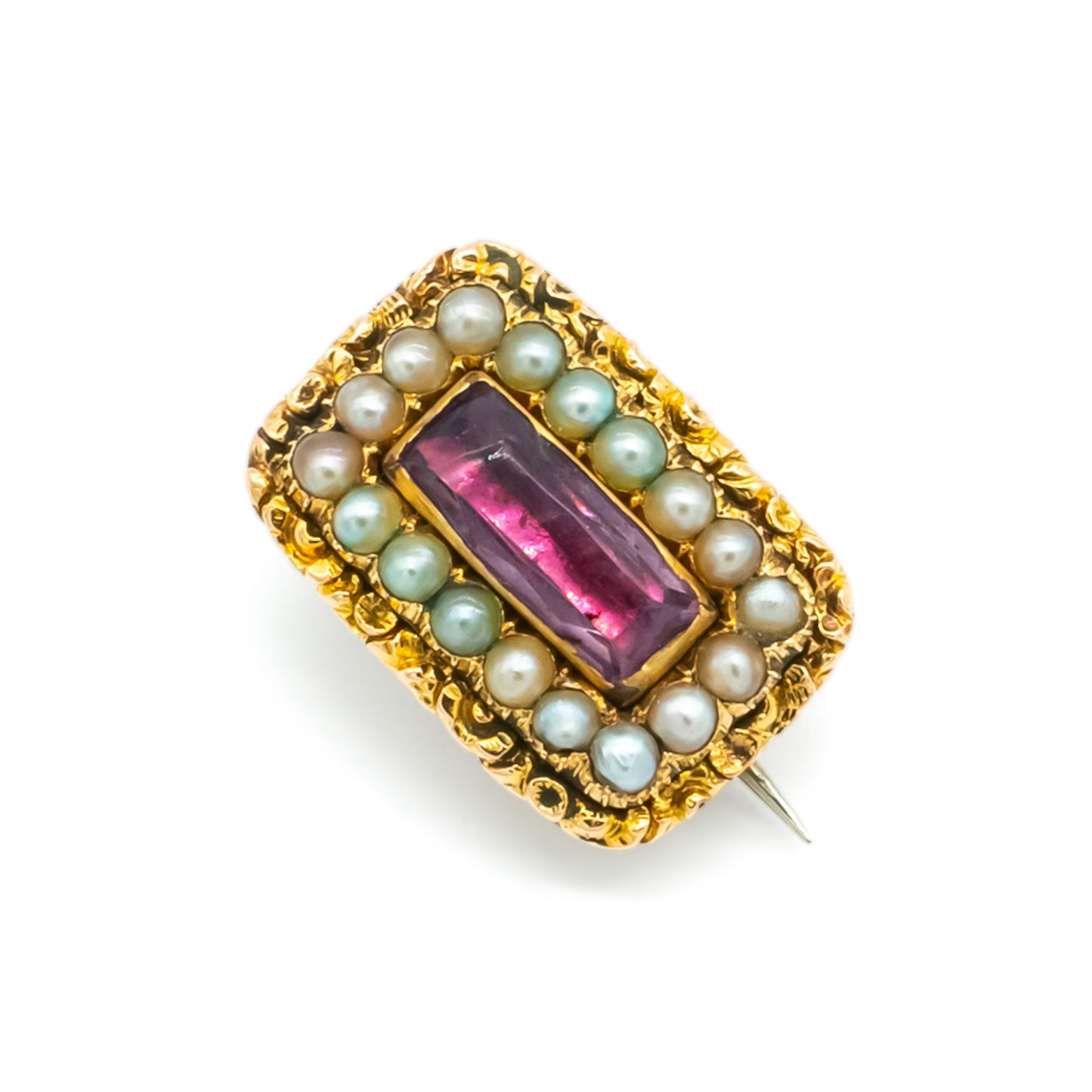 Charming miniature Georgian 15ct gold brooch set with a faceted amethyst surrounded by eighteen seed pearls.