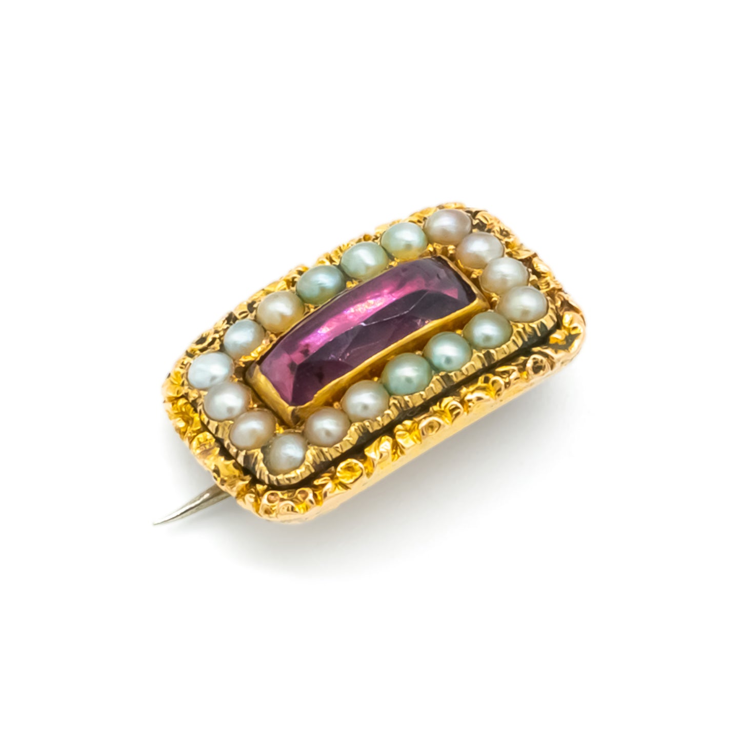 Charming miniature Georgian 15ct gold brooch set with a faceted amethyst surrounded by eighteen seed pearls.