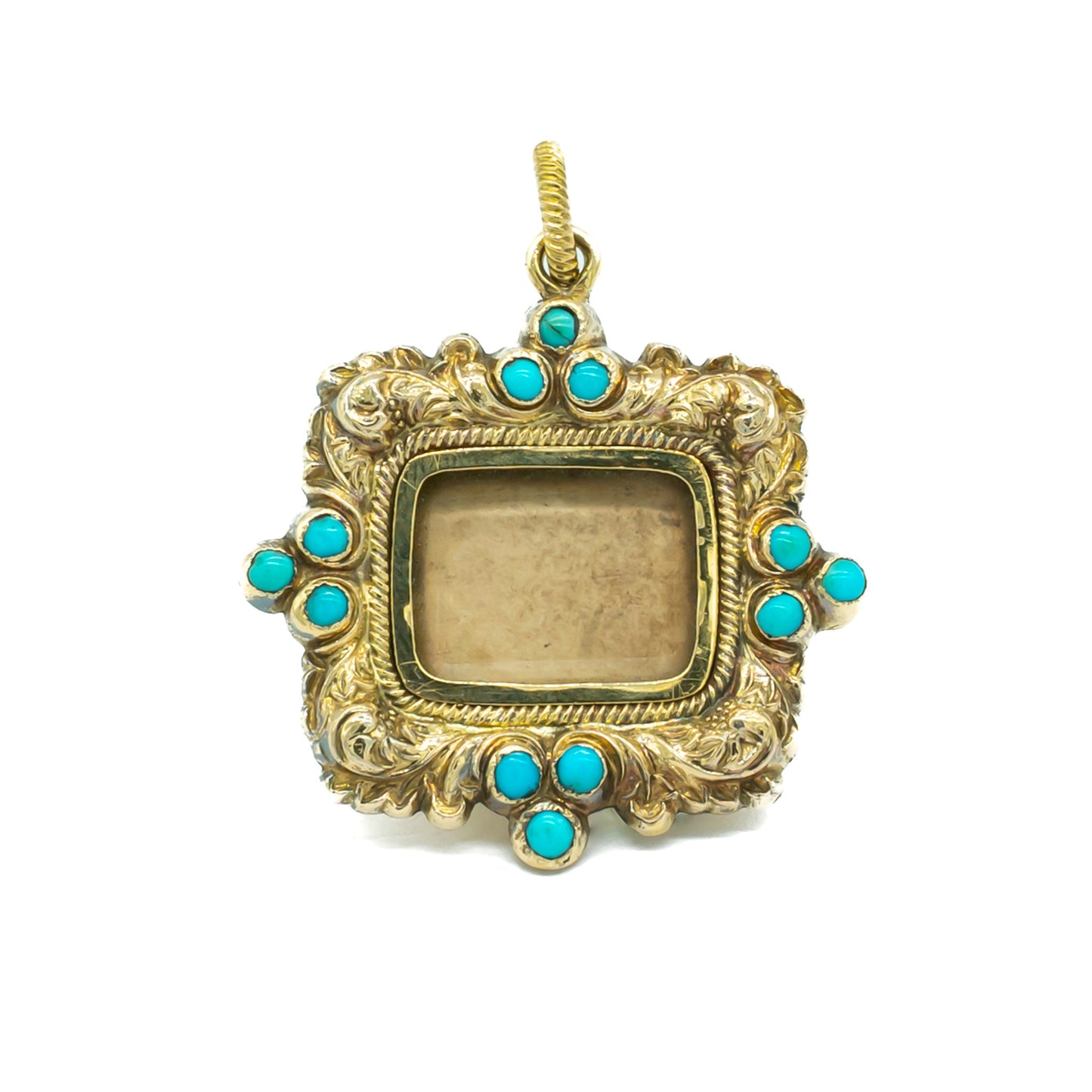 Exquisite Georgian 9ct gold cased mourning pendant set with 12 small round turquoise stones. Rectangular piece of glass in centre - ideal for photo.