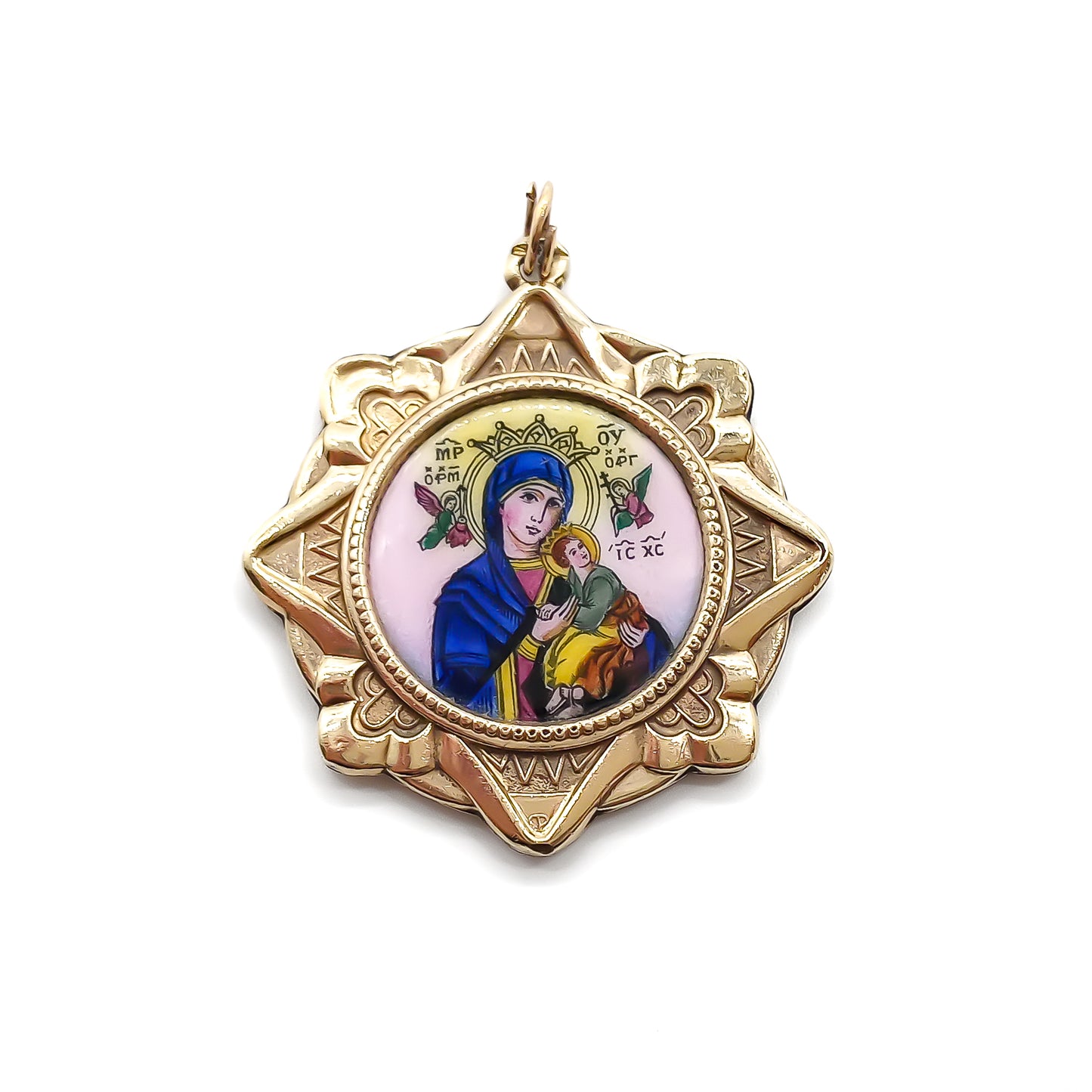 Beautiful 18ct gold-filled medallion pendant with enamel depicting Jesus on one side and Madonna with child on the reverse. Italy