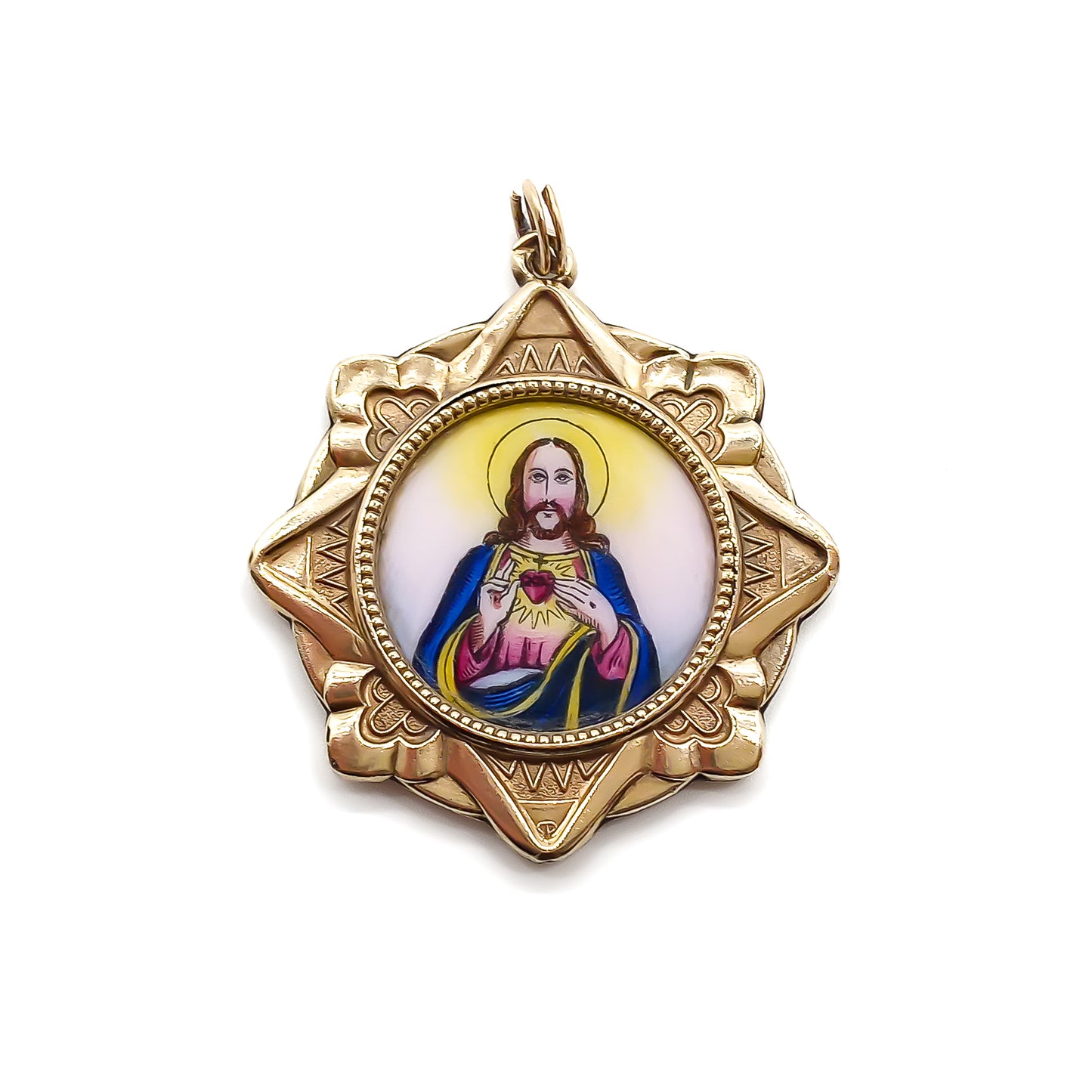 Beautiful 18ct gold-filled medallion pendant with enamel depicting Jesus on one side and Madonna with child on the reverse. Italy