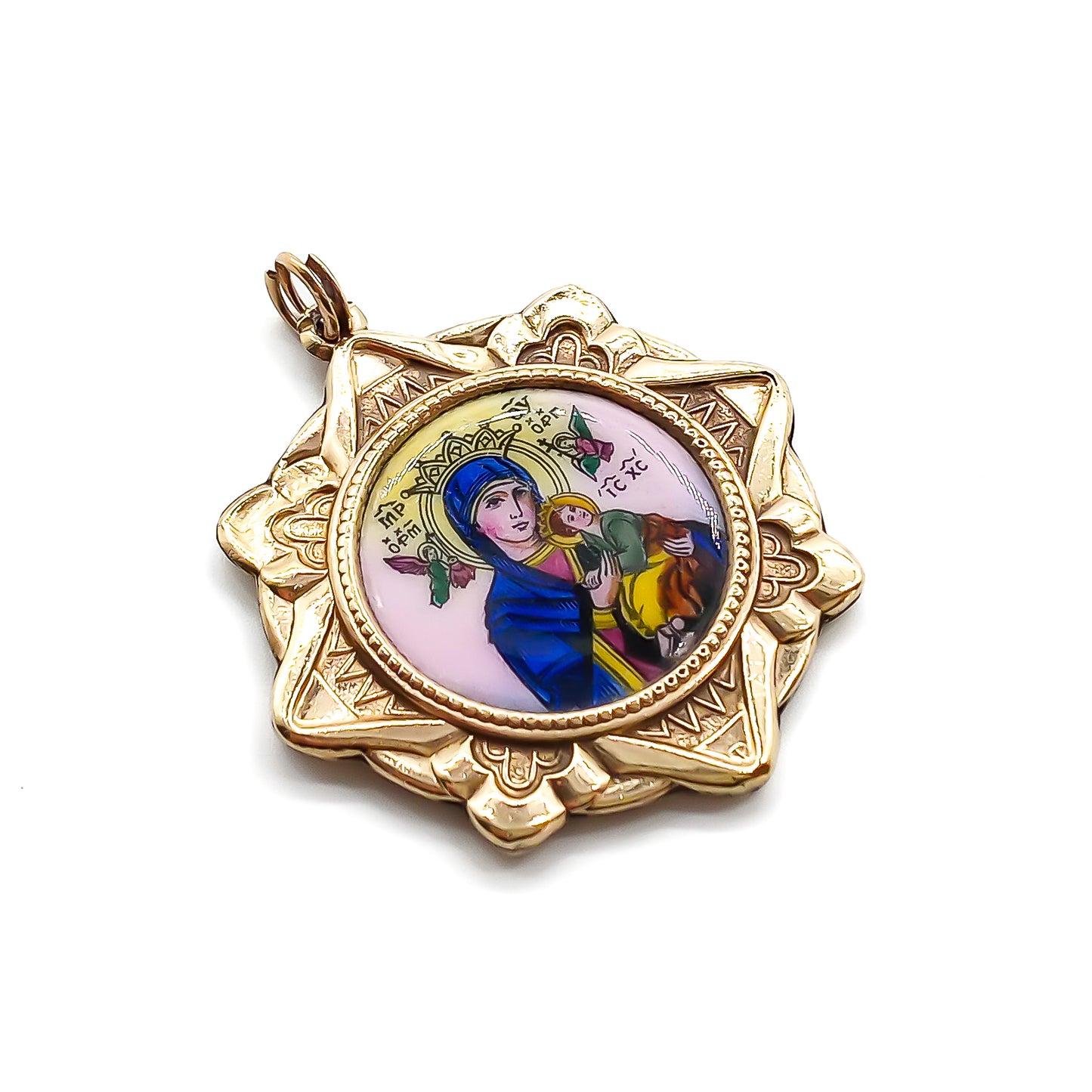 Beautiful 18ct gold-filled medallion pendant with enamel depicting Jesus on one side and Madonna with child on the reverse. Italy