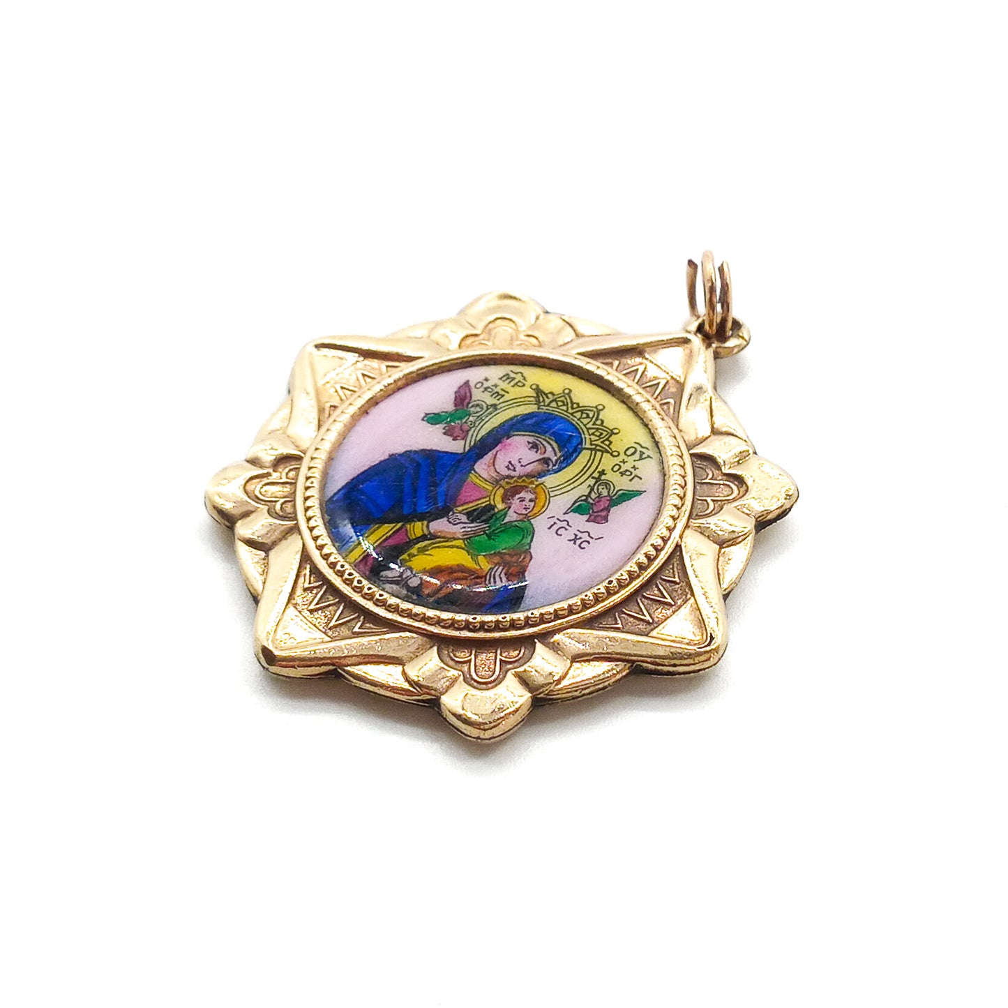 Beautiful 18ct gold-filled medallion pendant with enamel depicting Jesus on one side and Madonna with child on the reverse. Italy