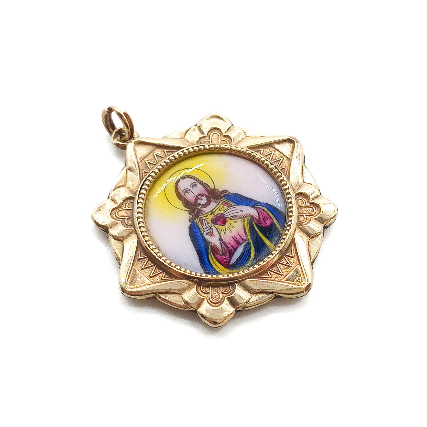 Beautiful 18ct gold-filled medallion pendant with enamel depicting Jesus on one side and Madonna with child on the reverse. Italy