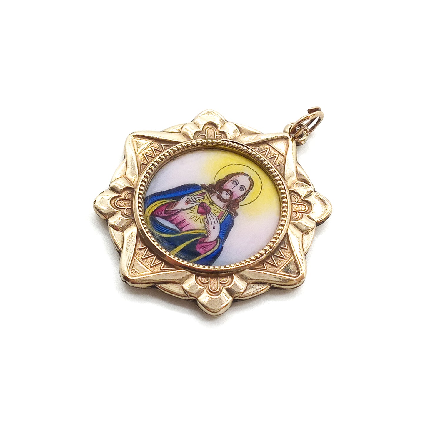 Beautiful 18ct gold-filled medallion pendant with enamel depicting Jesus on one side and Madonna with child on the reverse. Italy