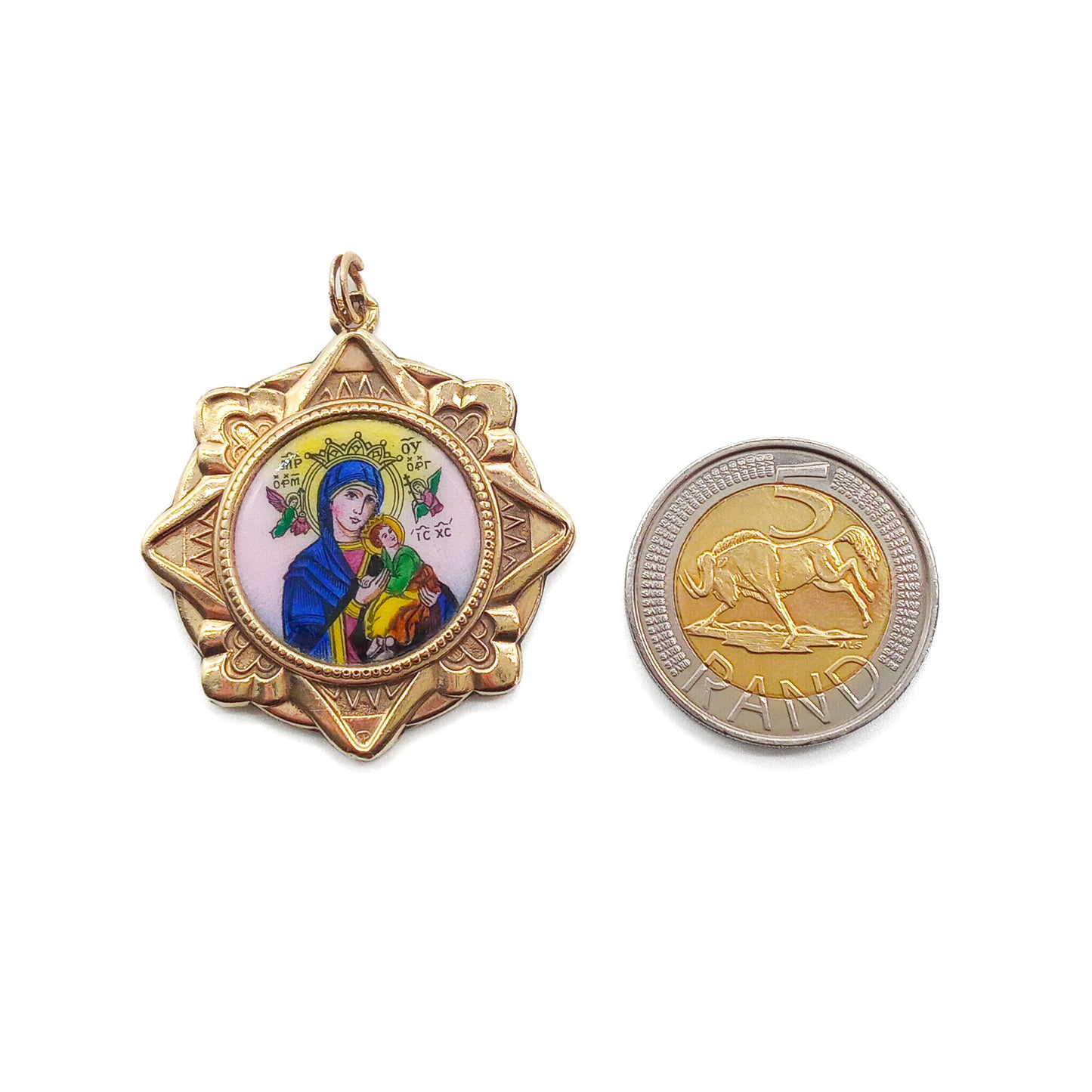 Beautiful 18ct gold-filled medallion pendant with enamel depicting Jesus on one side and Madonna with child on the reverse. Italy