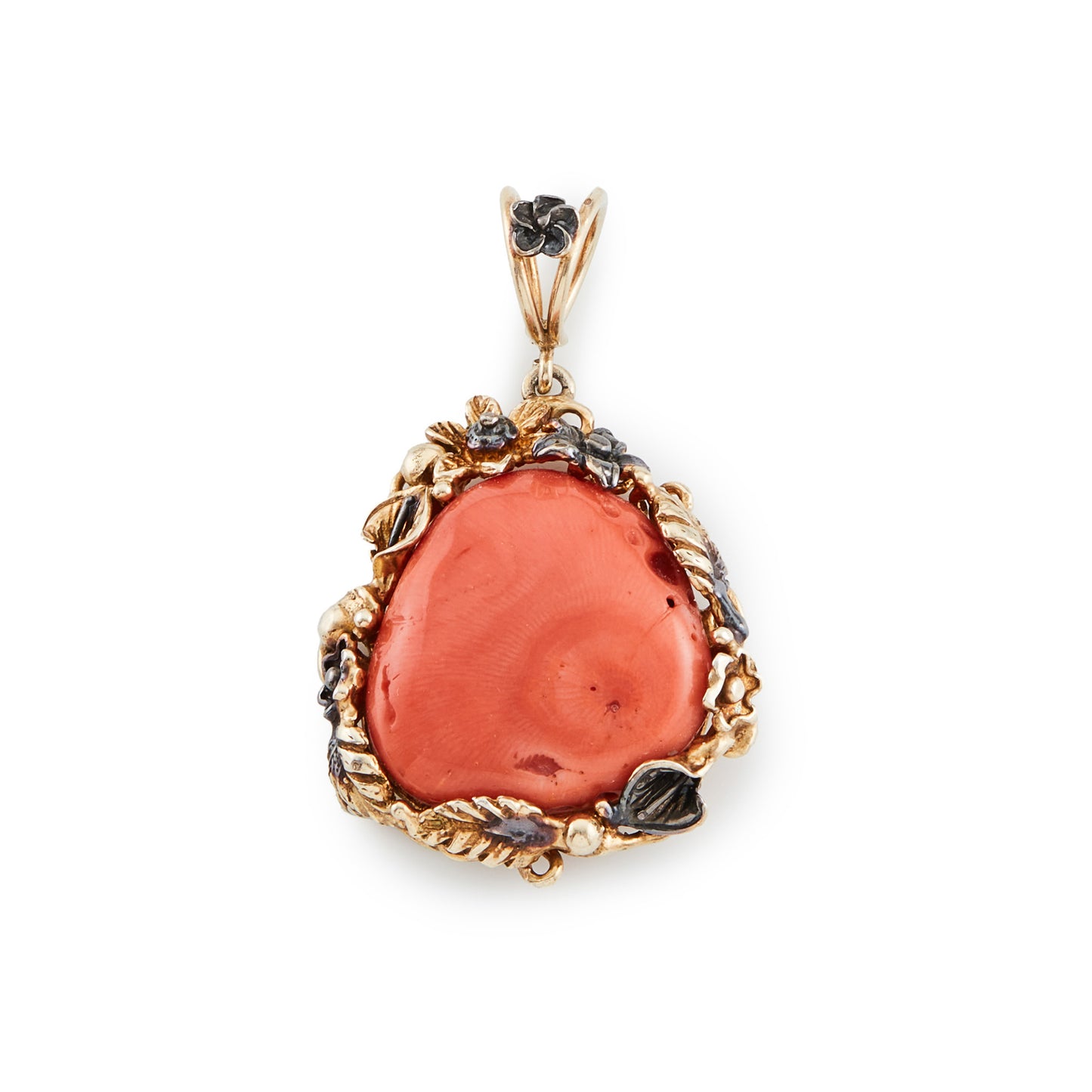 Stunning vintage natural coral pendant, set in an ornate, gold plated on silver floral setting. Some oxidation. Italy