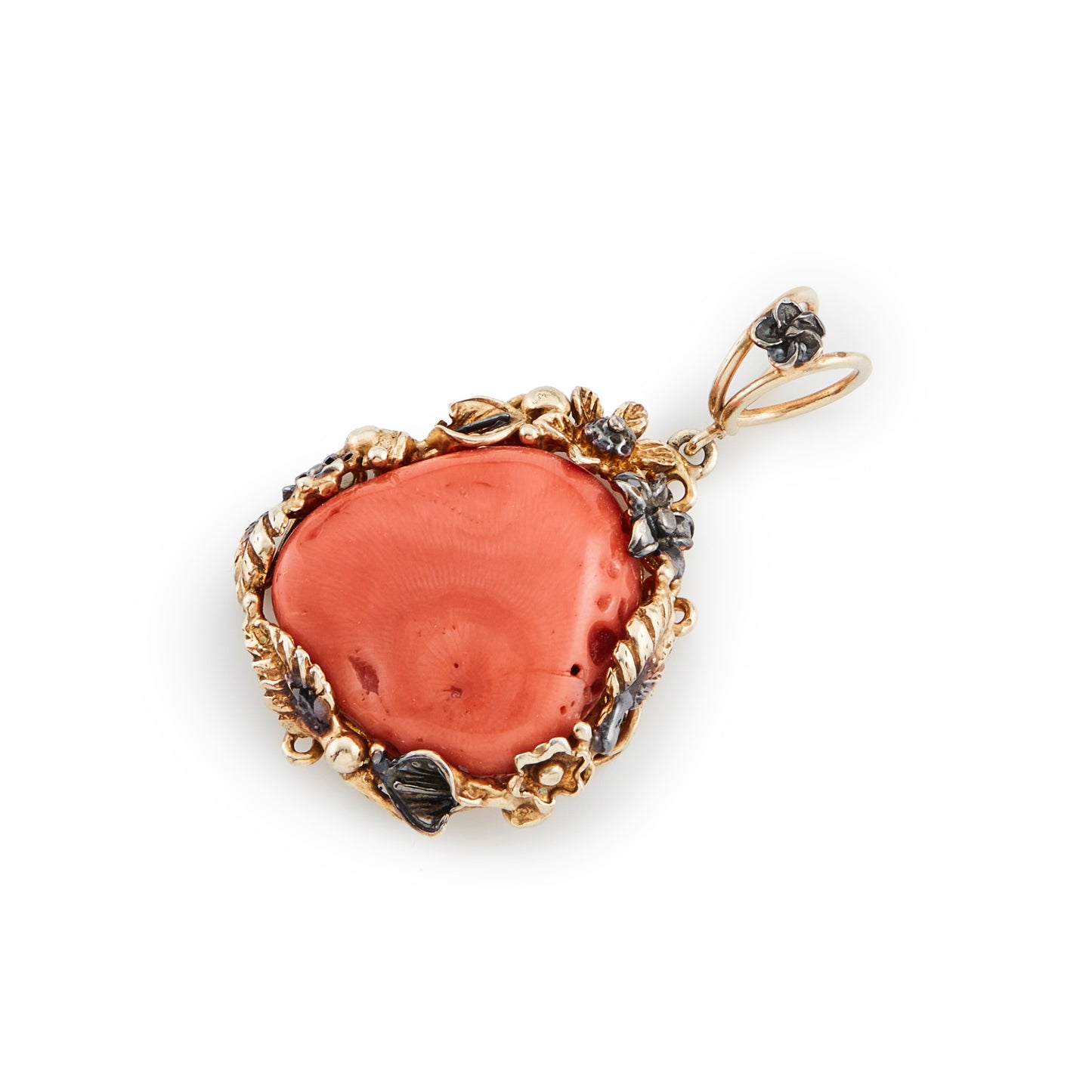 Stunning vintage natural coral pendant, set in an ornate, gold plated on silver floral setting. Some oxidation. Italy