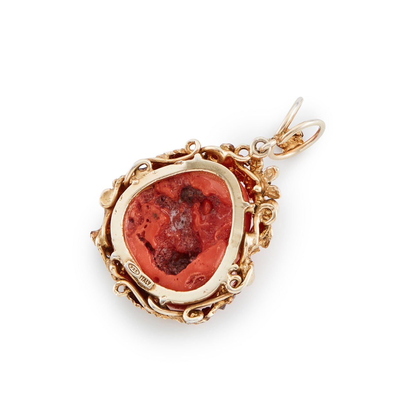 Stunning vintage natural coral pendant, set in an ornate, gold plated on silver floral setting. Some oxidation. Italy