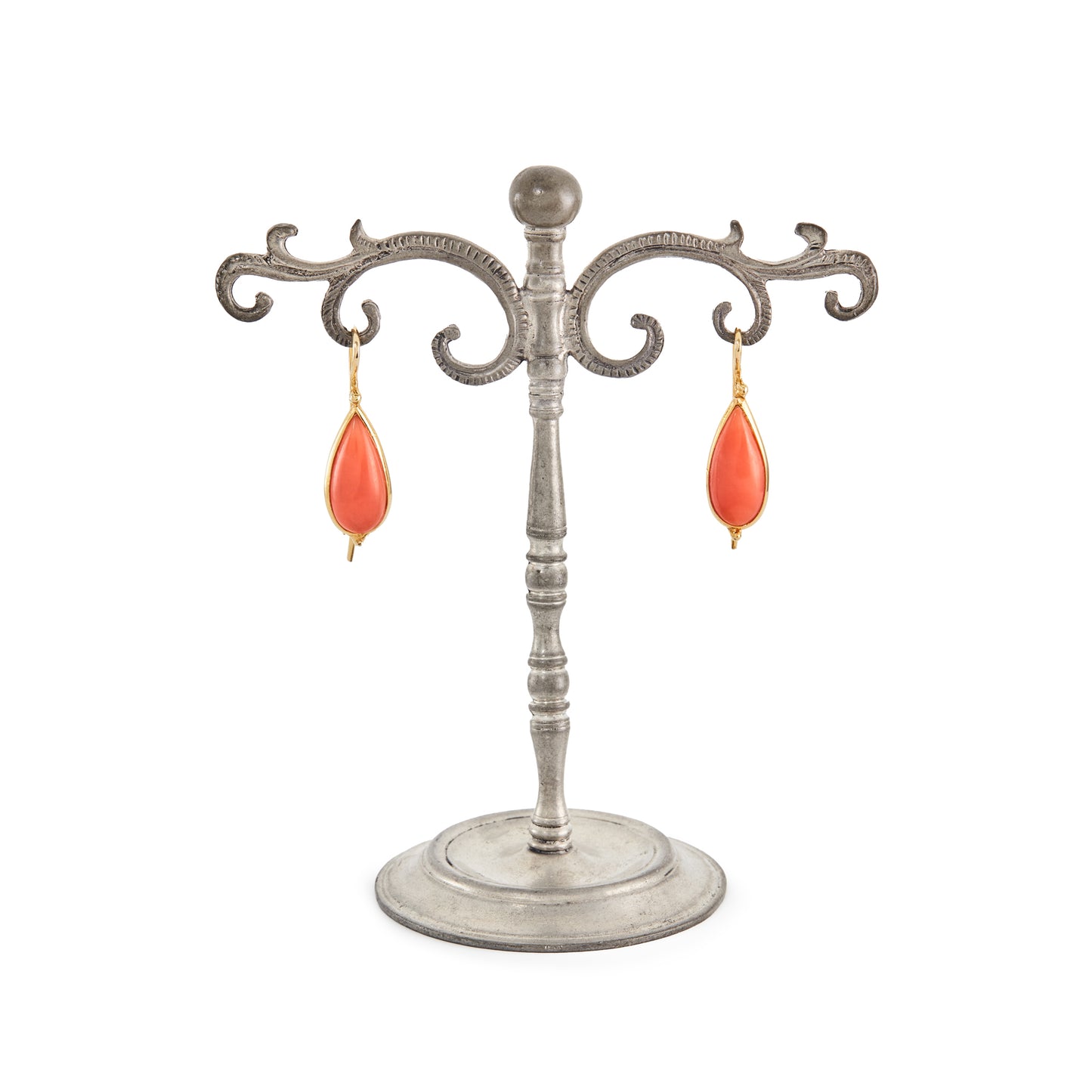 Classic vintage natural mediterranean coral teardrop earrings set in gold on silver.