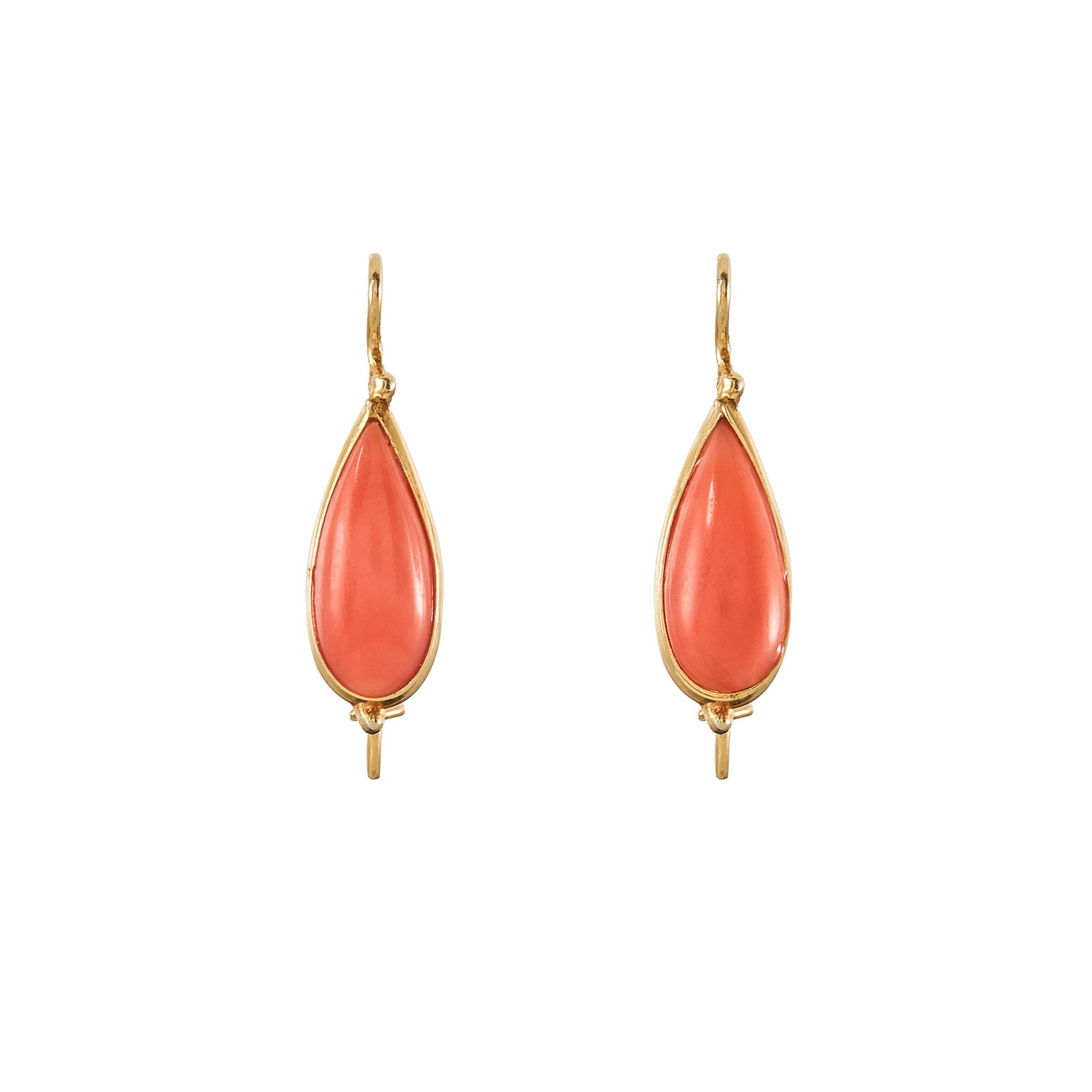 Classic vintage natural mediterranean coral teardrop earrings set in gold on silver.