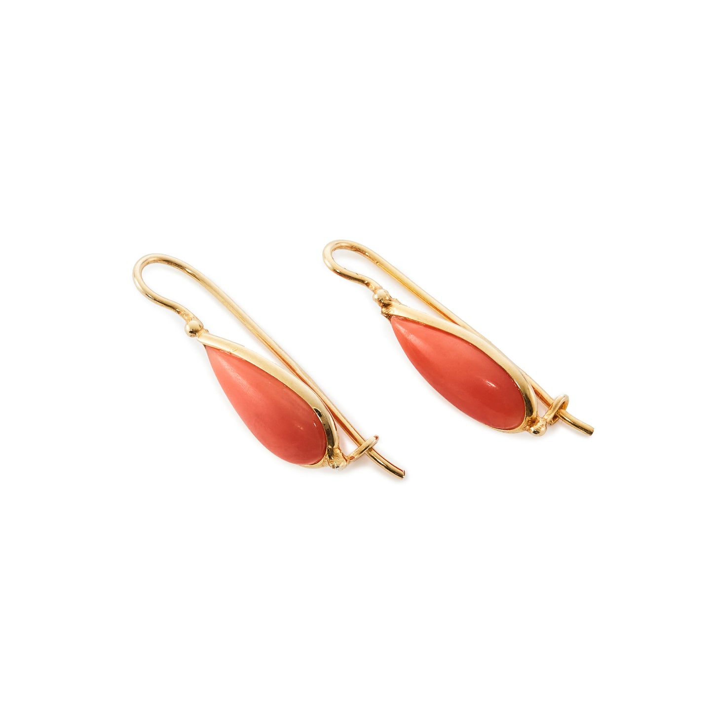 Classic vintage natural mediterranean coral teardrop earrings set in gold on silver.