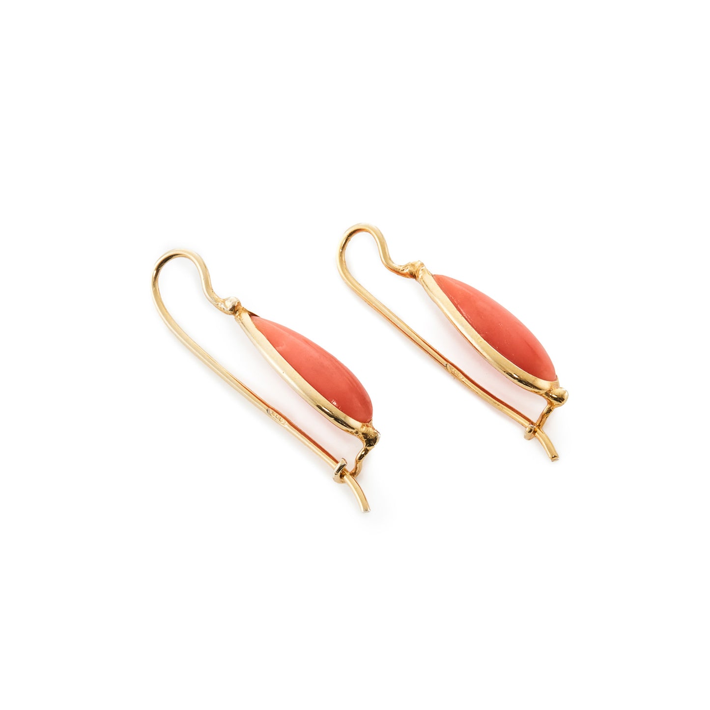 Classic vintage natural mediterranean coral teardrop earrings set in gold on silver.
