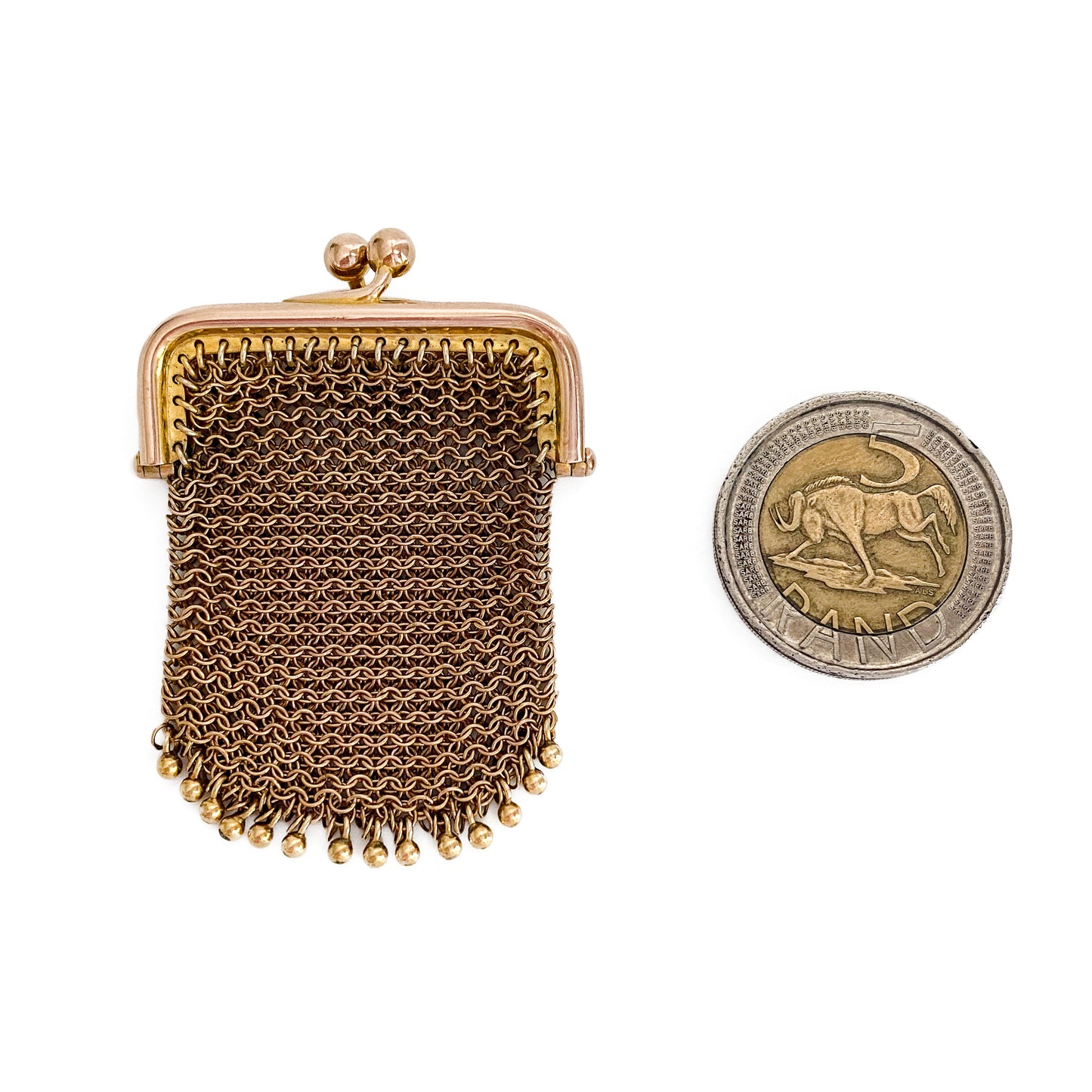 Very unique Victorian 9ct rose gold mesh purse that can open to hold something inside. Ideal to be worn as a pendant.