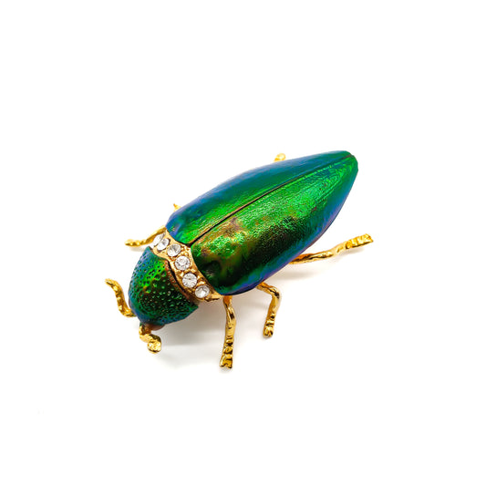 Stunning brooch made from a real iridescent green jewel beetle and added pastes in a gilt setting. 