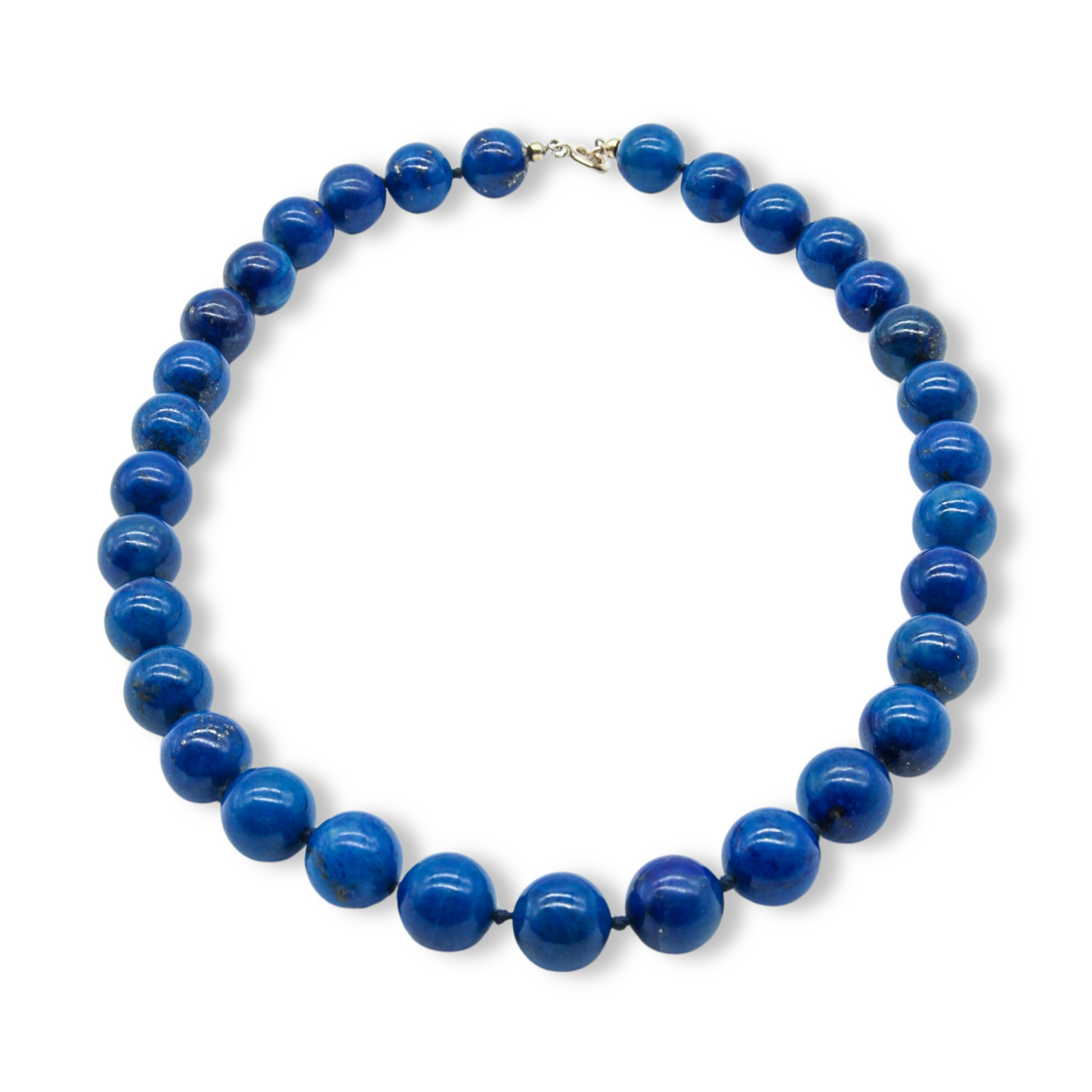 Stunning string of bright blue large, golden flecked lapis lazuli beads with a 9ct yellow gold clasp.