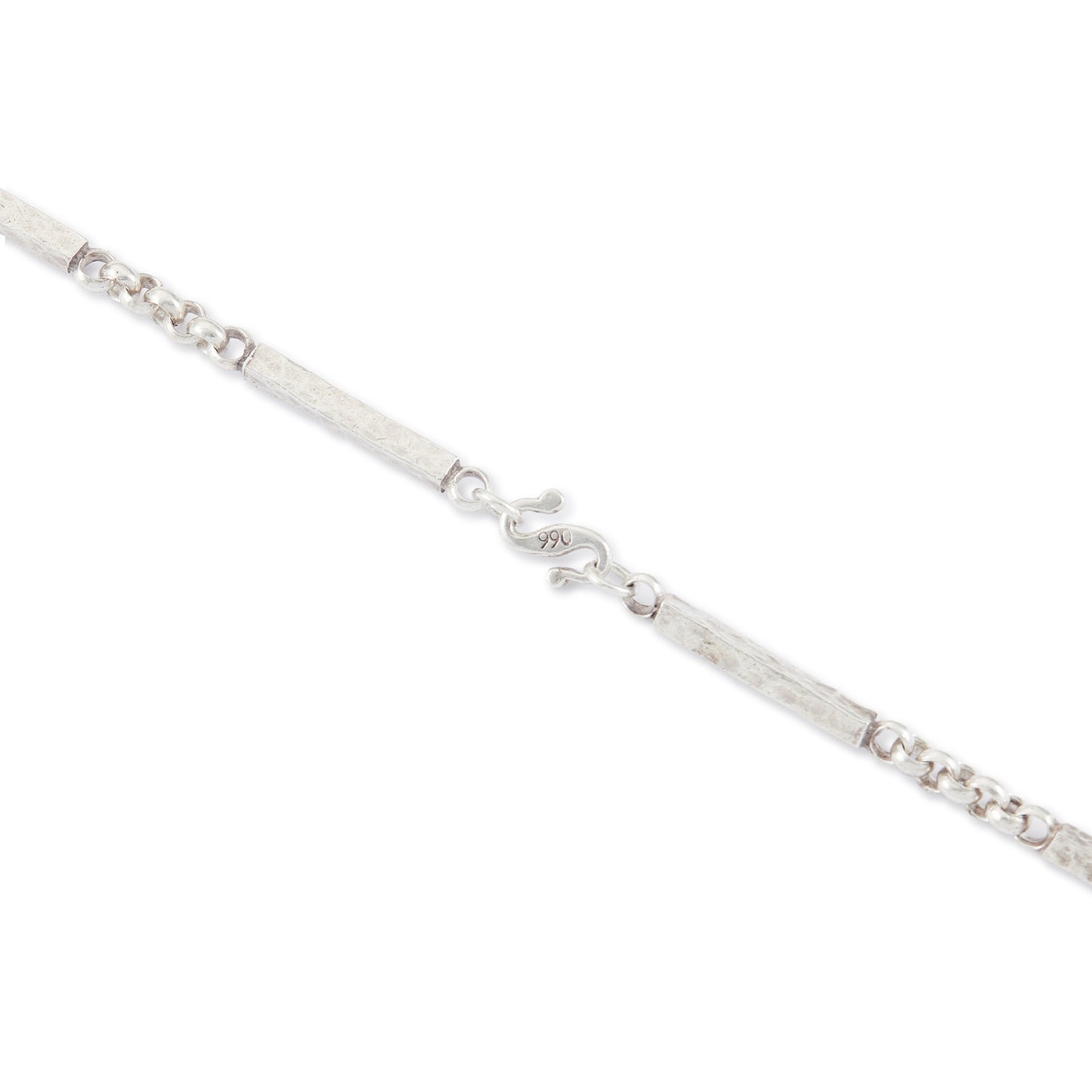 Stylish handmade Modernist sterling silver chain with long rectangular textured links, interspersed with belcher link chain.