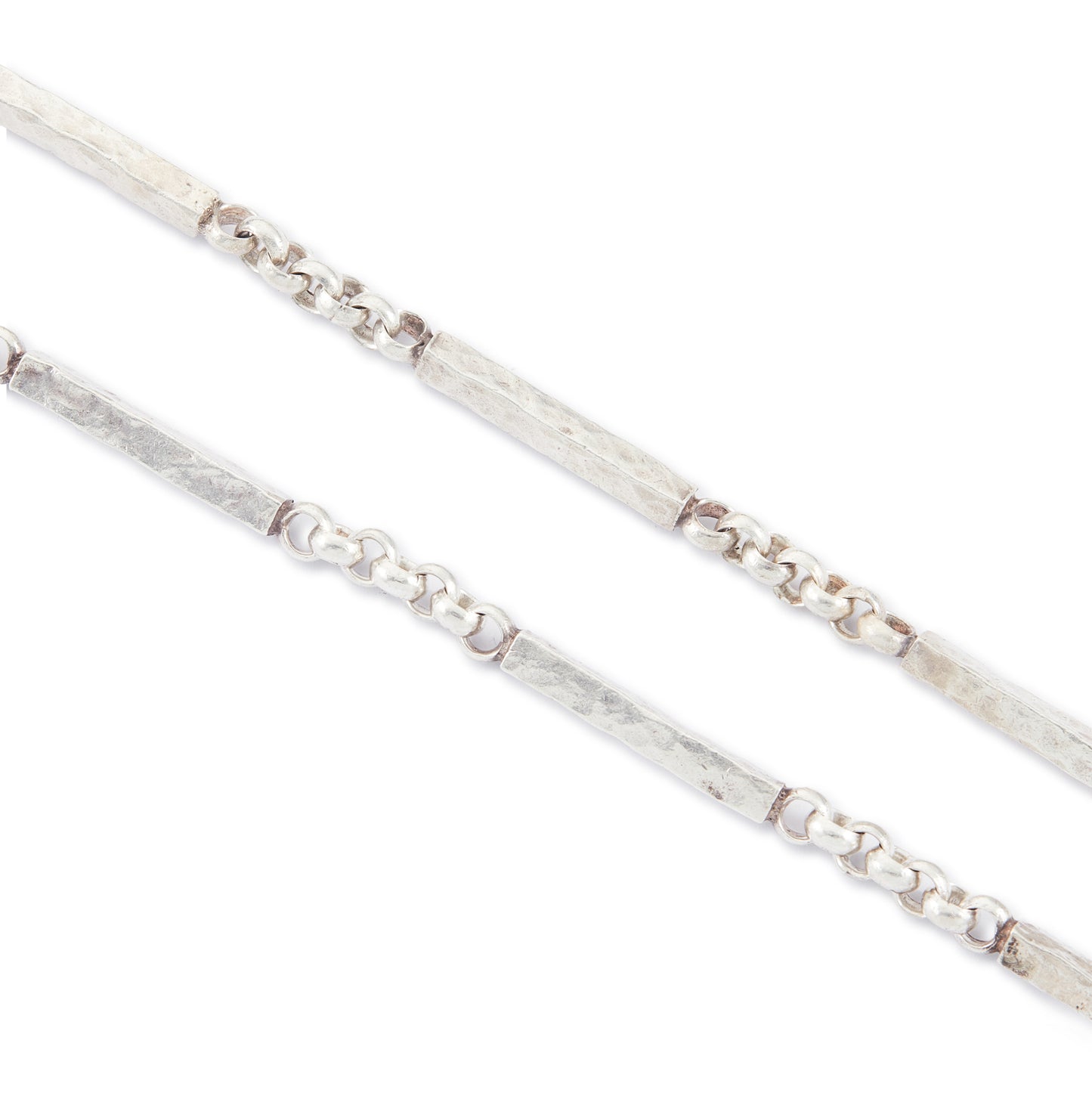 Stylish handmade Modernist sterling silver chain with long rectangular textured links, interspersed with belcher link chain.