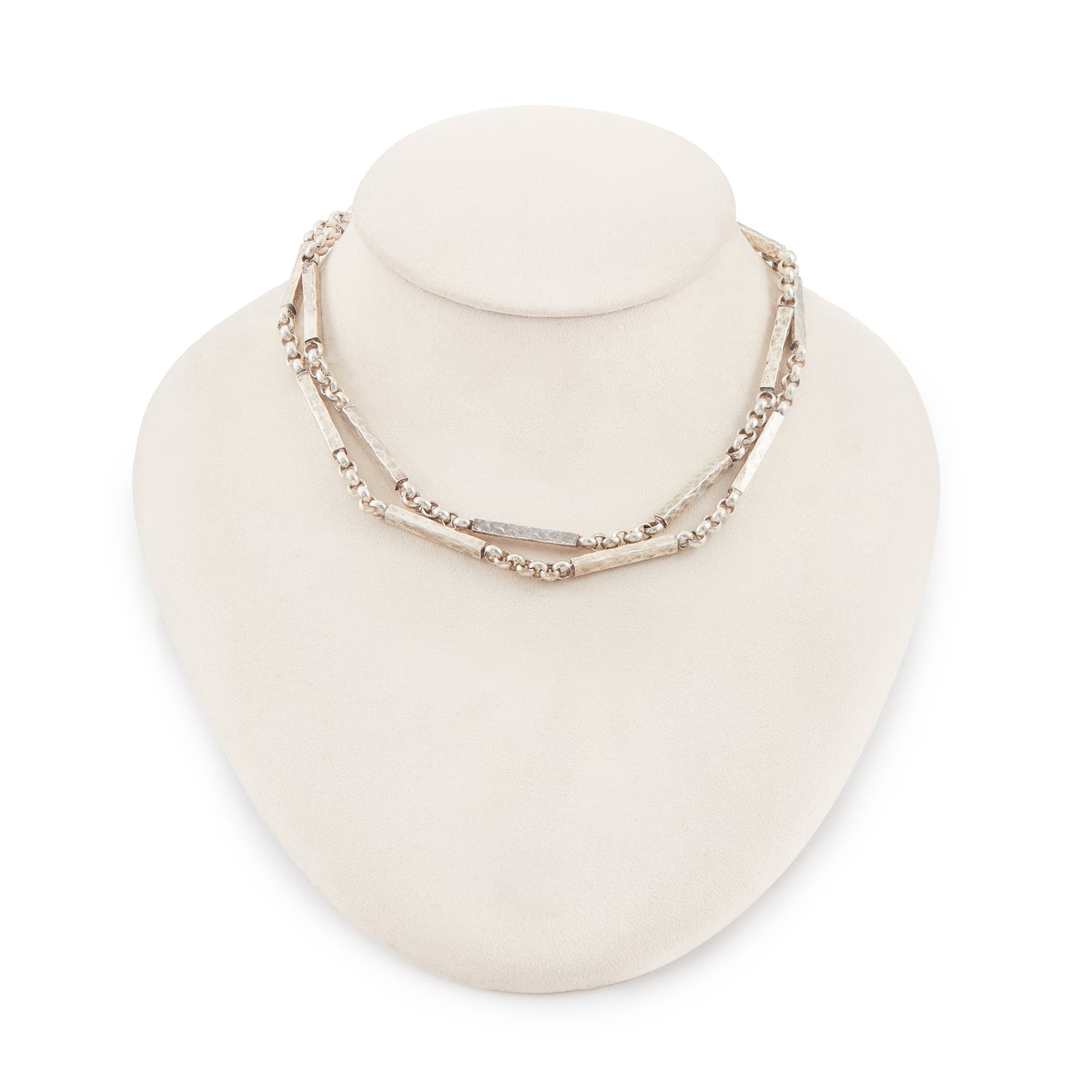 Stylish handmade Modernist sterling silver chain with long rectangular textured links, interspersed with belcher link chain.