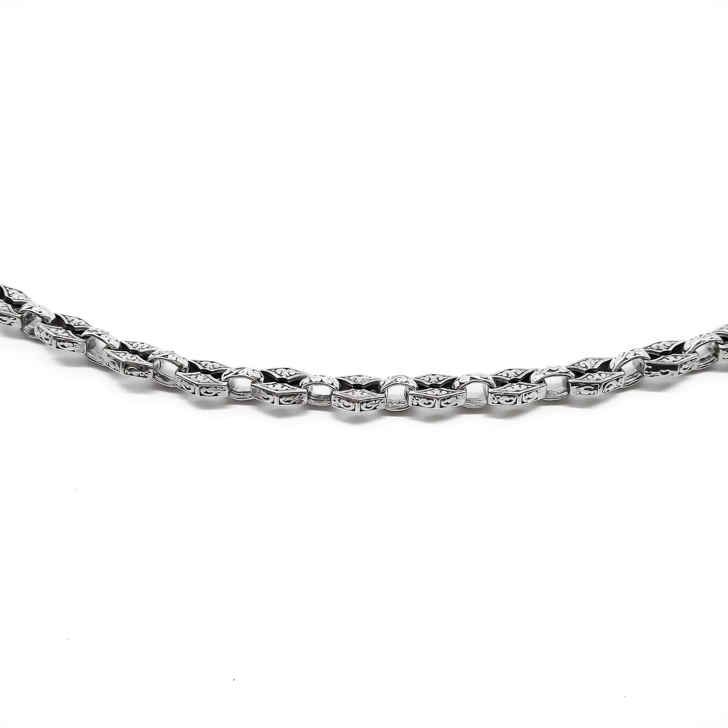 Magnificent sterling silver Victorian-style chain with ornate engraved links and a sturdy dog-clip. Long enough to drape around the neck twice.