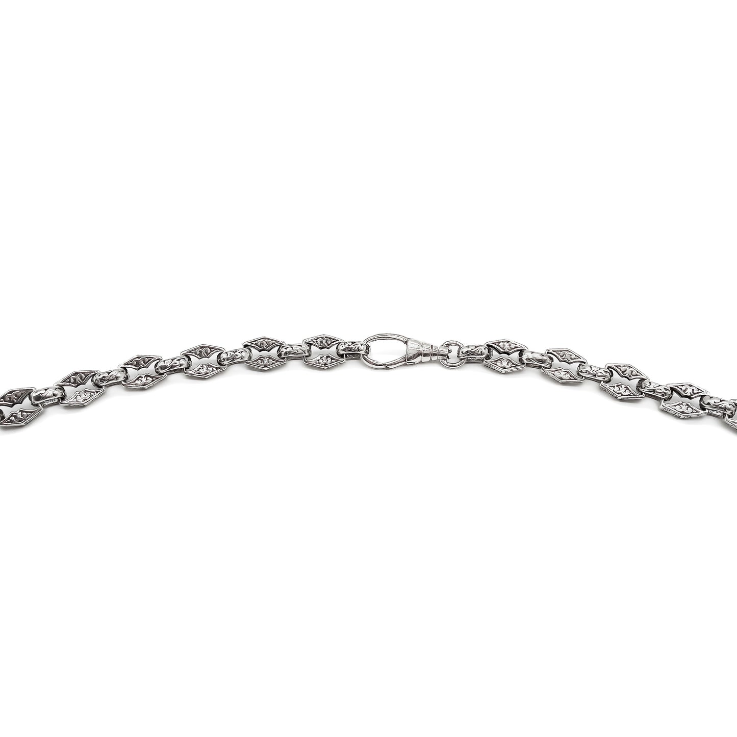 Magnificent sterling silver Victorian-style chain with ornate engraved links and a sturdy dog-clip. Long enough to drape around the neck twice.