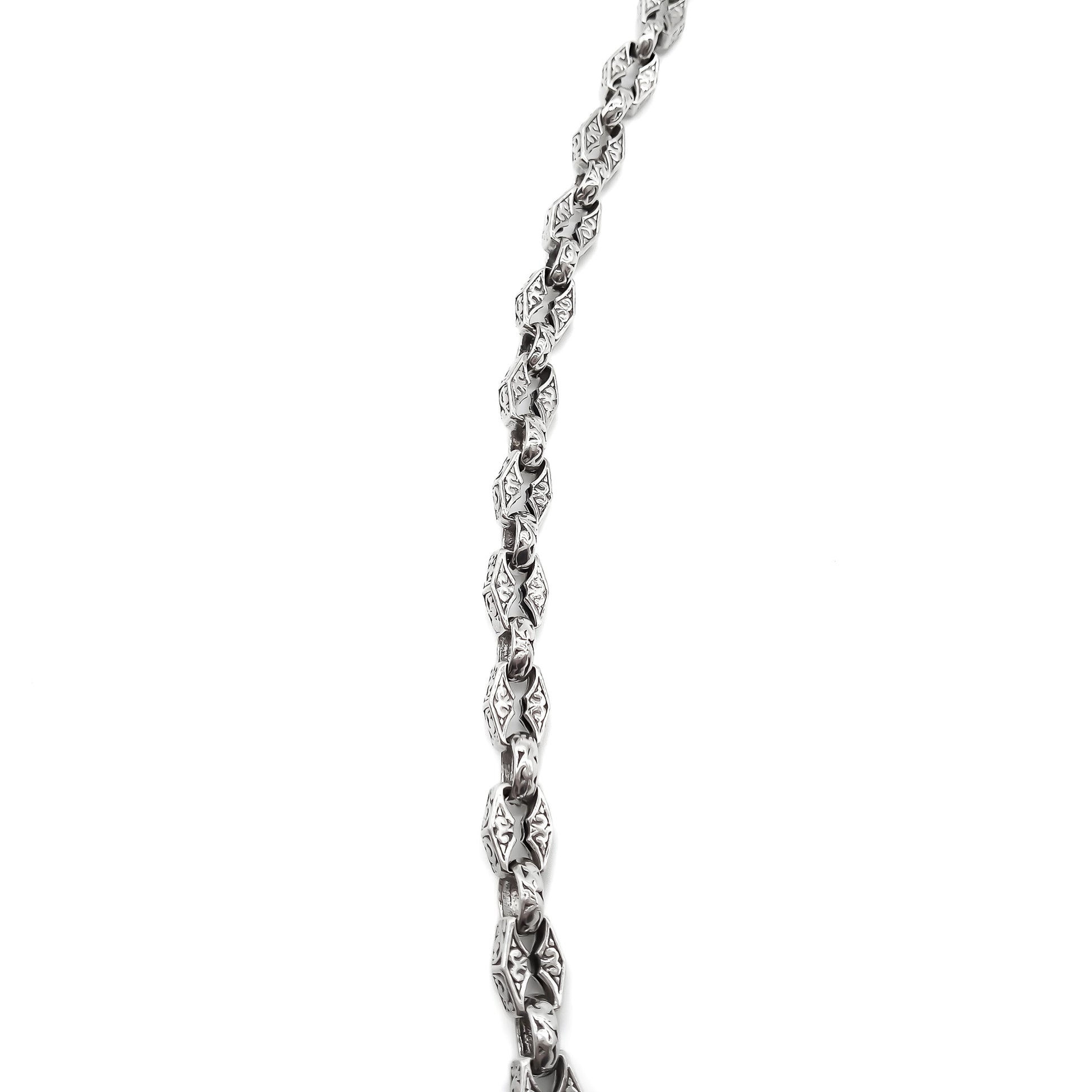 Magnificent sterling silver Victorian-style chain with ornate engraved links and a sturdy dog-clip. Long enough to drape around the neck twice.