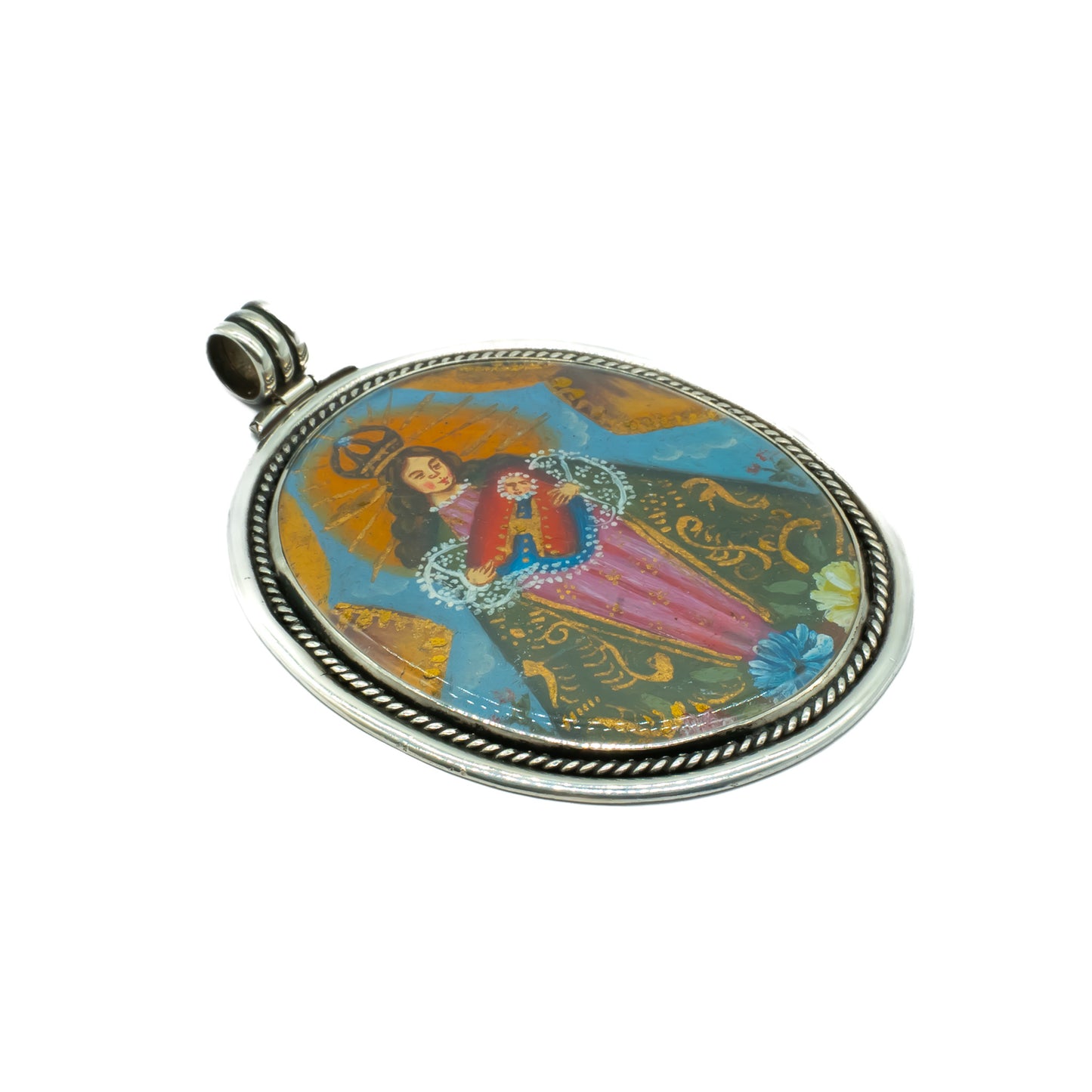 Stunning silver Mexican Madonna pendant hand-painted in beautiful vibrant colours.