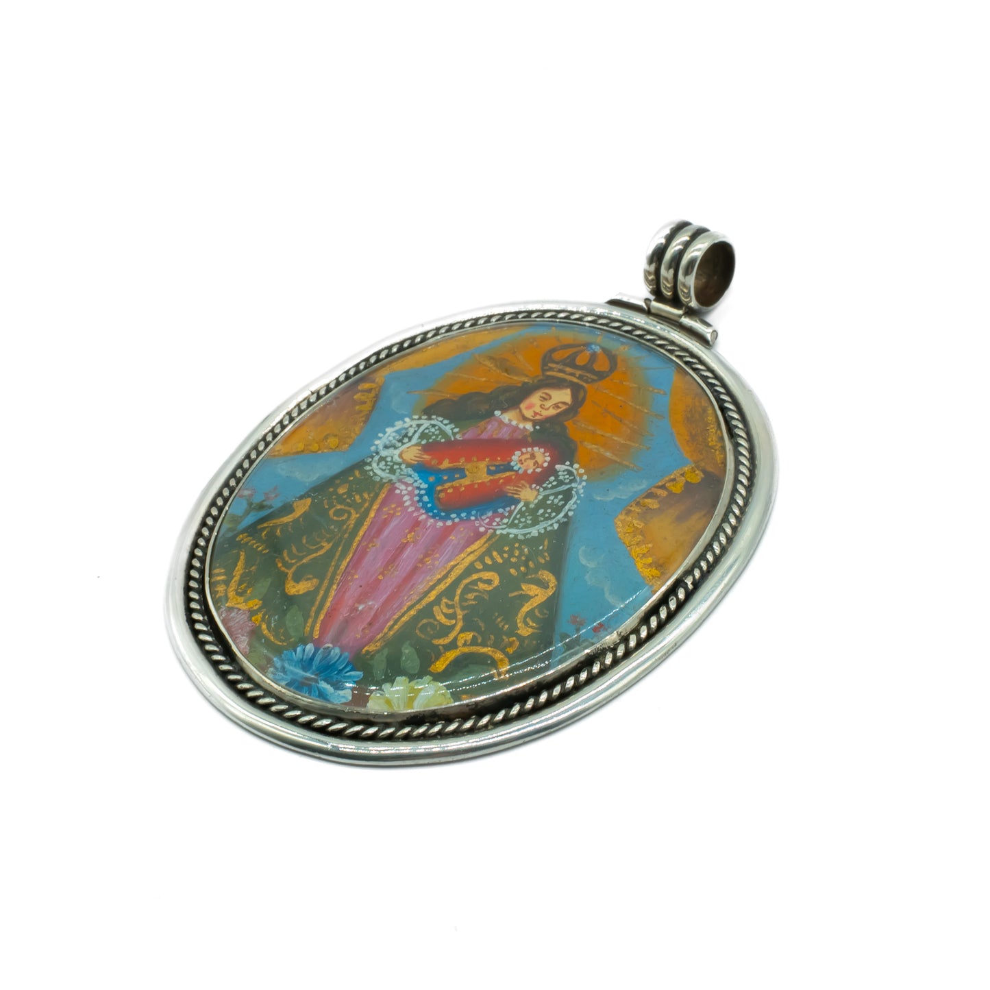 Stunning silver Mexican Madonna pendant hand-painted in beautiful vibrant colours.