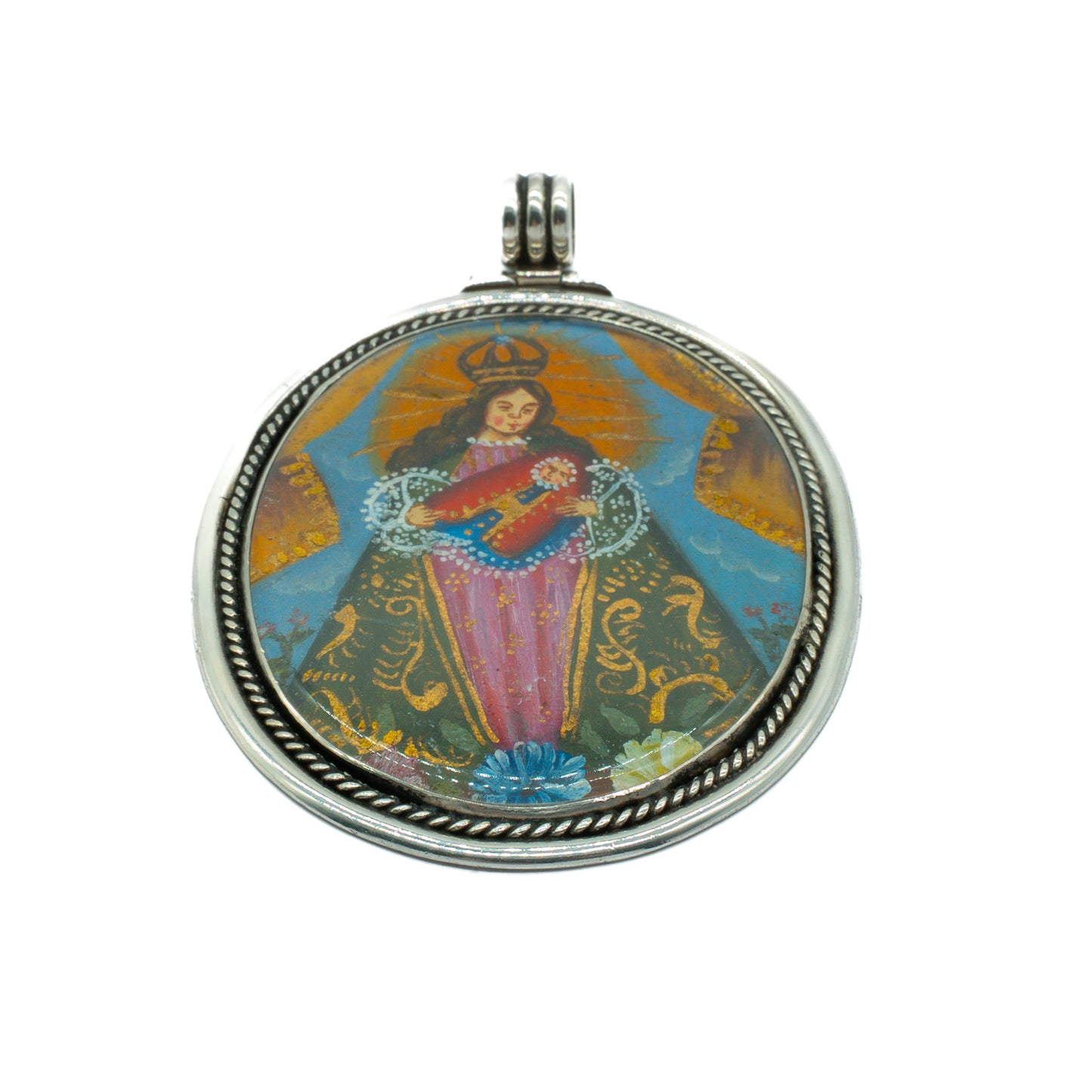 Stunning silver Mexican Madonna pendant hand-painted in beautiful vibrant colours.