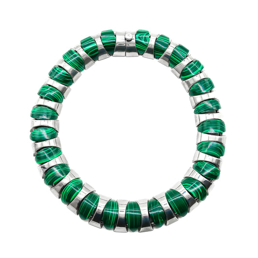 Magnificent Mexican sterling silver articulated choker with twenty five polished malachite disks.
