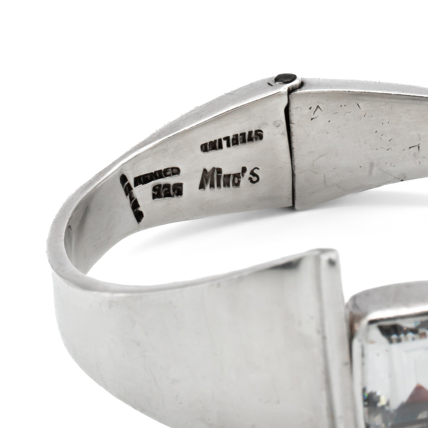 Stunning sterling silver Mexican modernist clamper bangle set with a rectangular rock crystal. Signed Mino’s. Post 1979