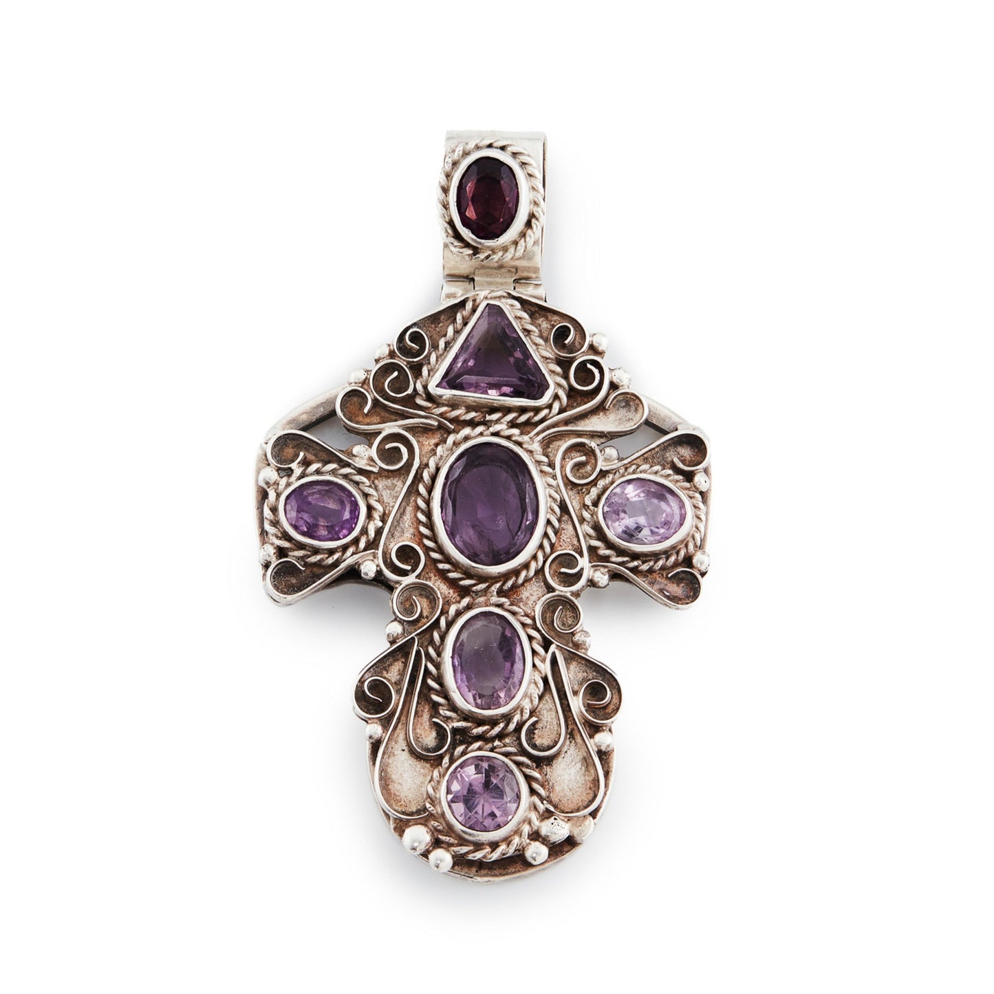 Magnificent large sterling silver Mexican cross pendant set with seven faceted amethyst stones. Circa 1940’s