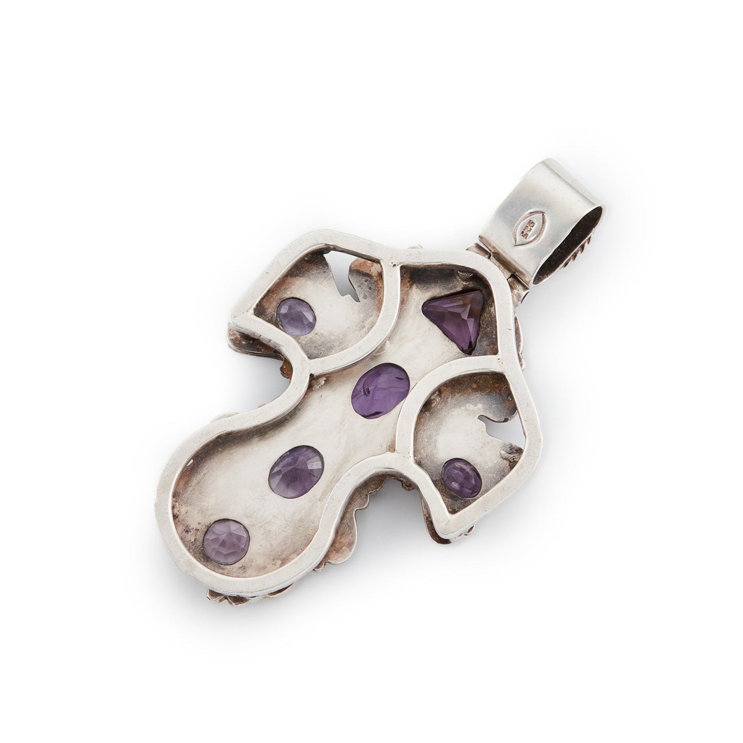 Magnificent large sterling silver Mexican cross pendant set with seven faceted amethyst stones. Circa 1940’s