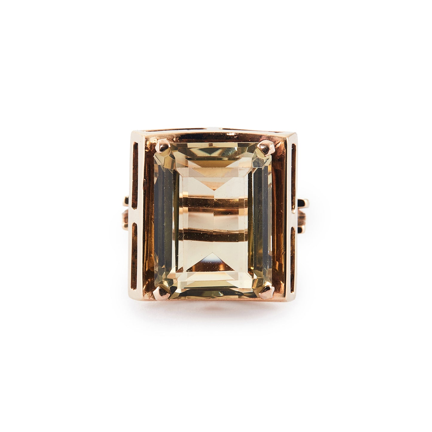 Classic mid-century 9ct rose gold ring set with a beautifully faceted, princess-cut golden yellow citrine.