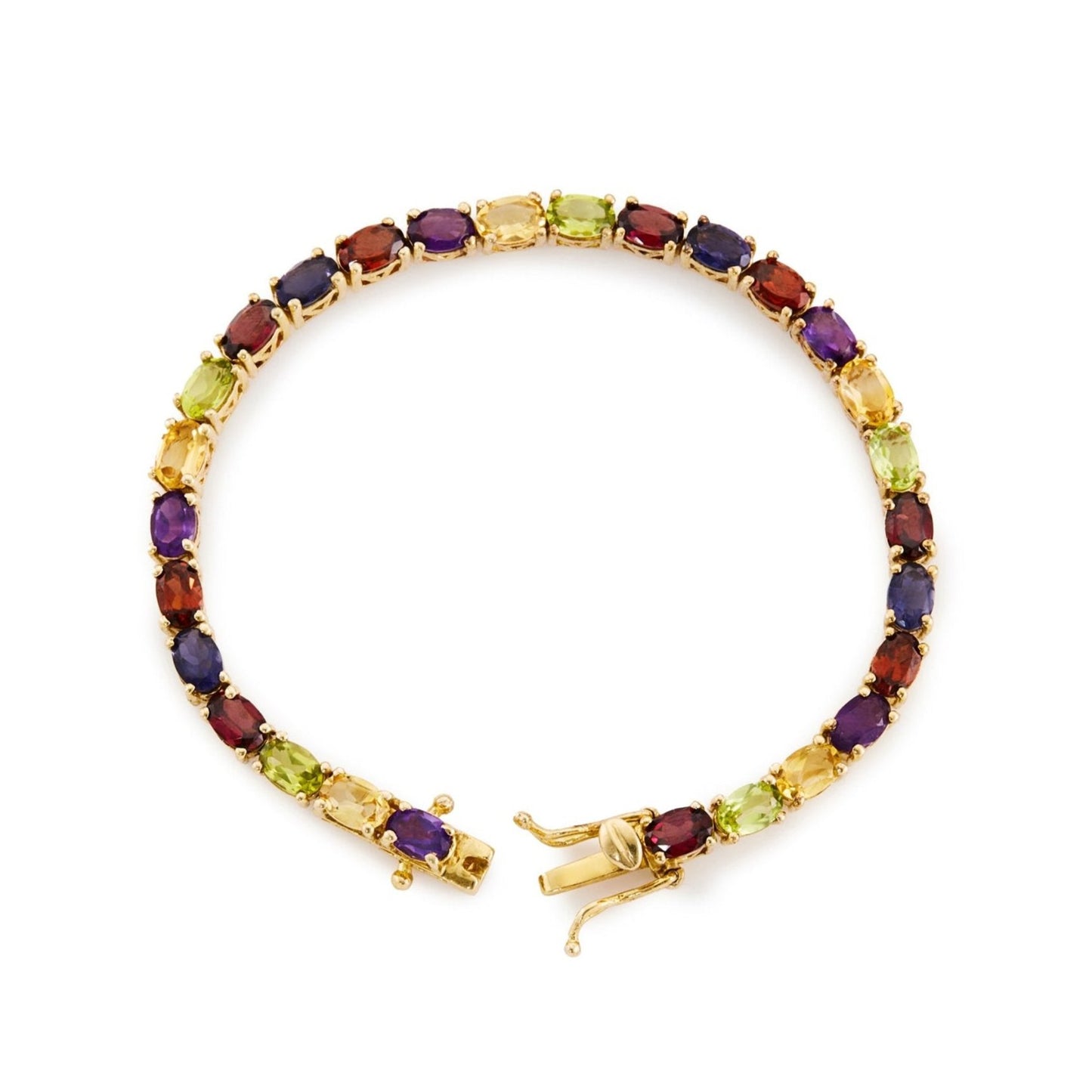 Colourful vintage gold plated tennis bracelet, set with twenty eight beautifully faceted natural garnets, peridots, citrines, amethysts and iolites. Comes with a GemLab ID.